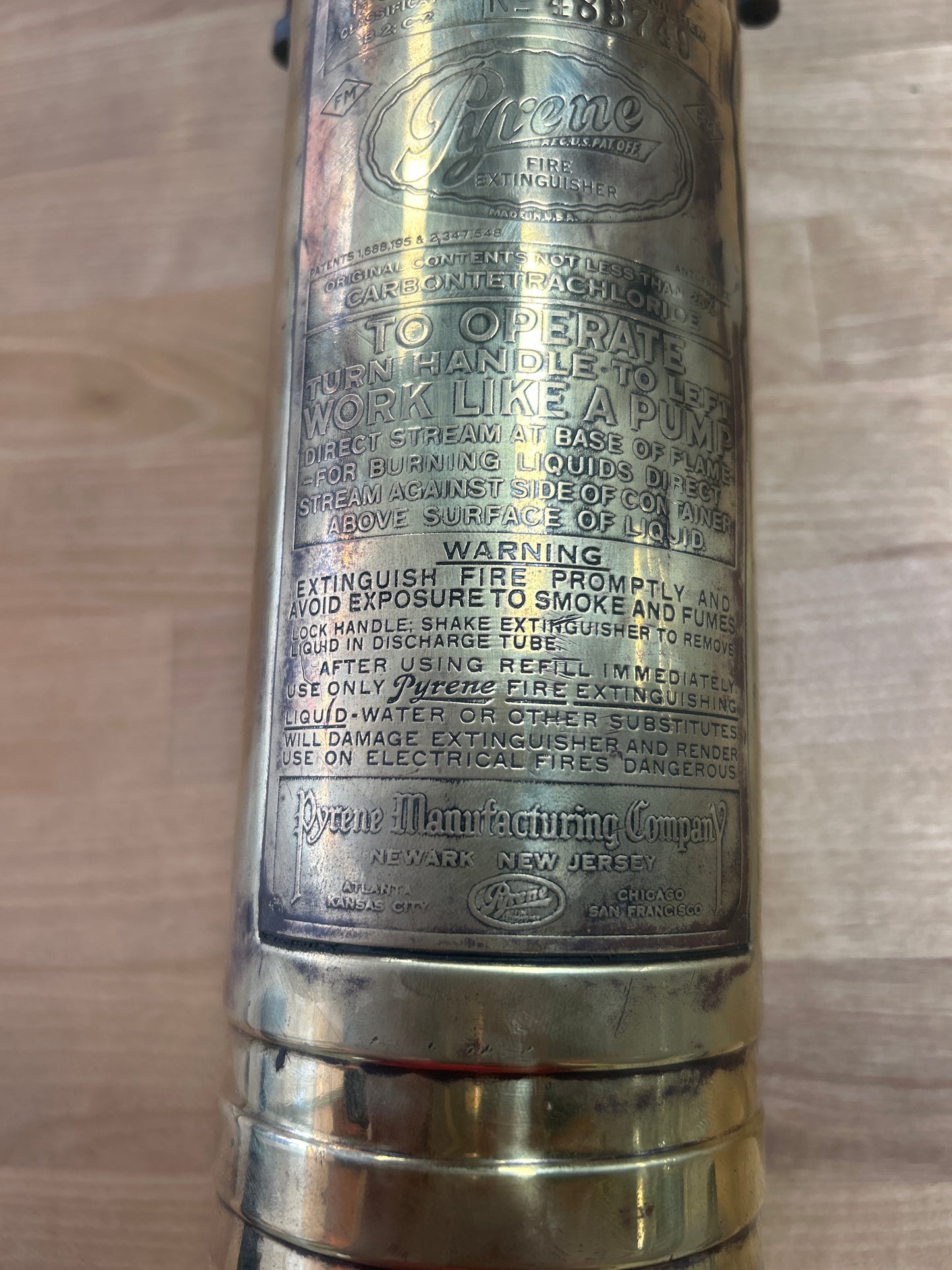 Vintage Brass Pyrene Fire Extinguisher With Bracket 1 1/2 quart. Decor only.