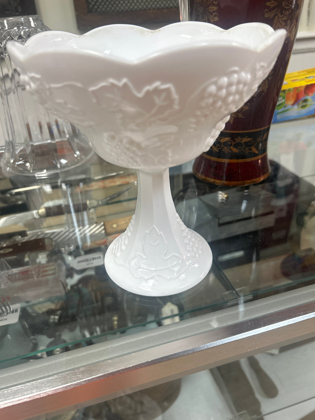 Vintage Indiana White Milk Glass Pedestal Harvest Bowl Grapes Vines Pattern