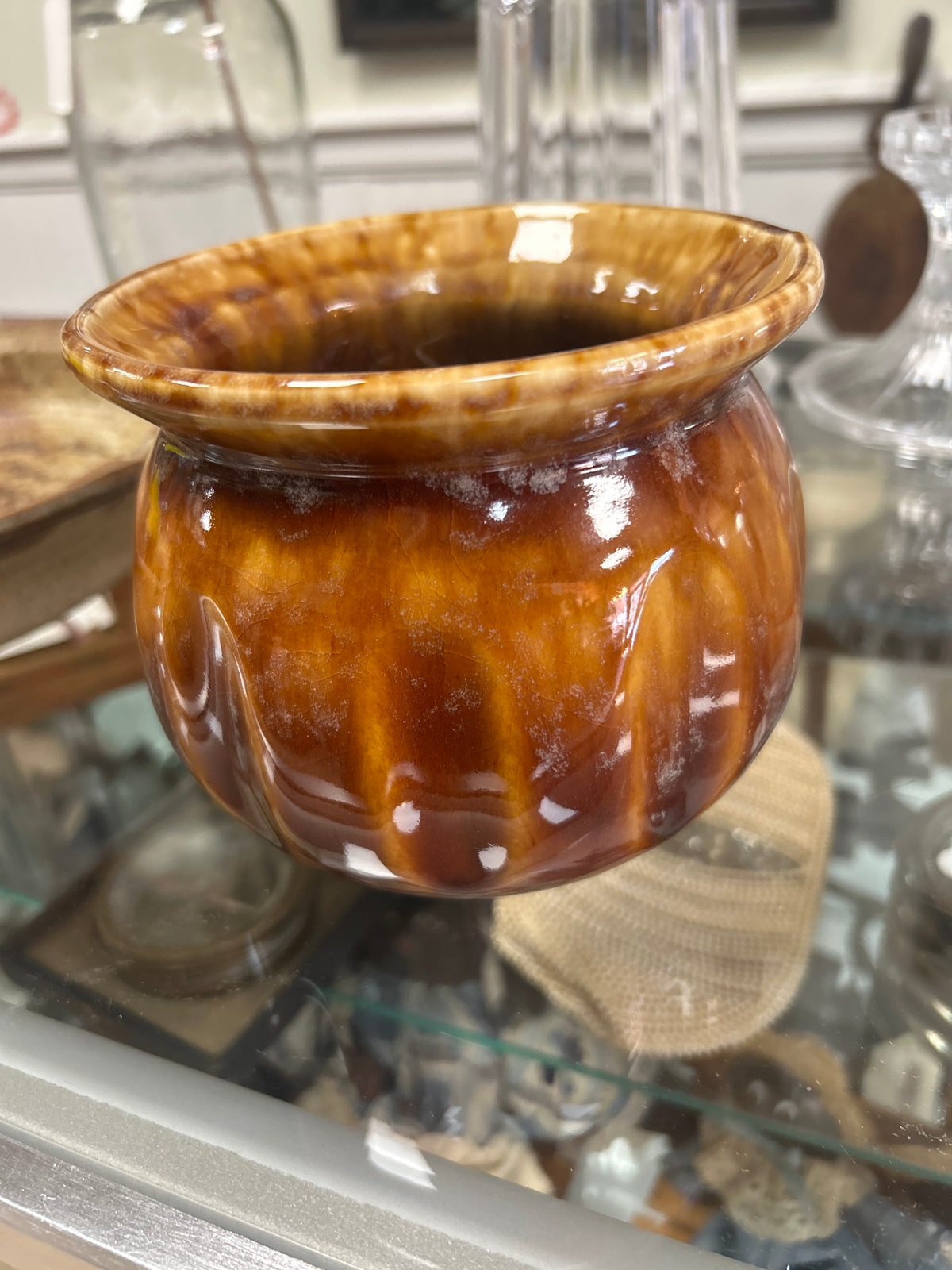 MCM Gold Drip Glaze Ceramic Planter Flared Rim Striped Gold Rust Round (unmarked)
