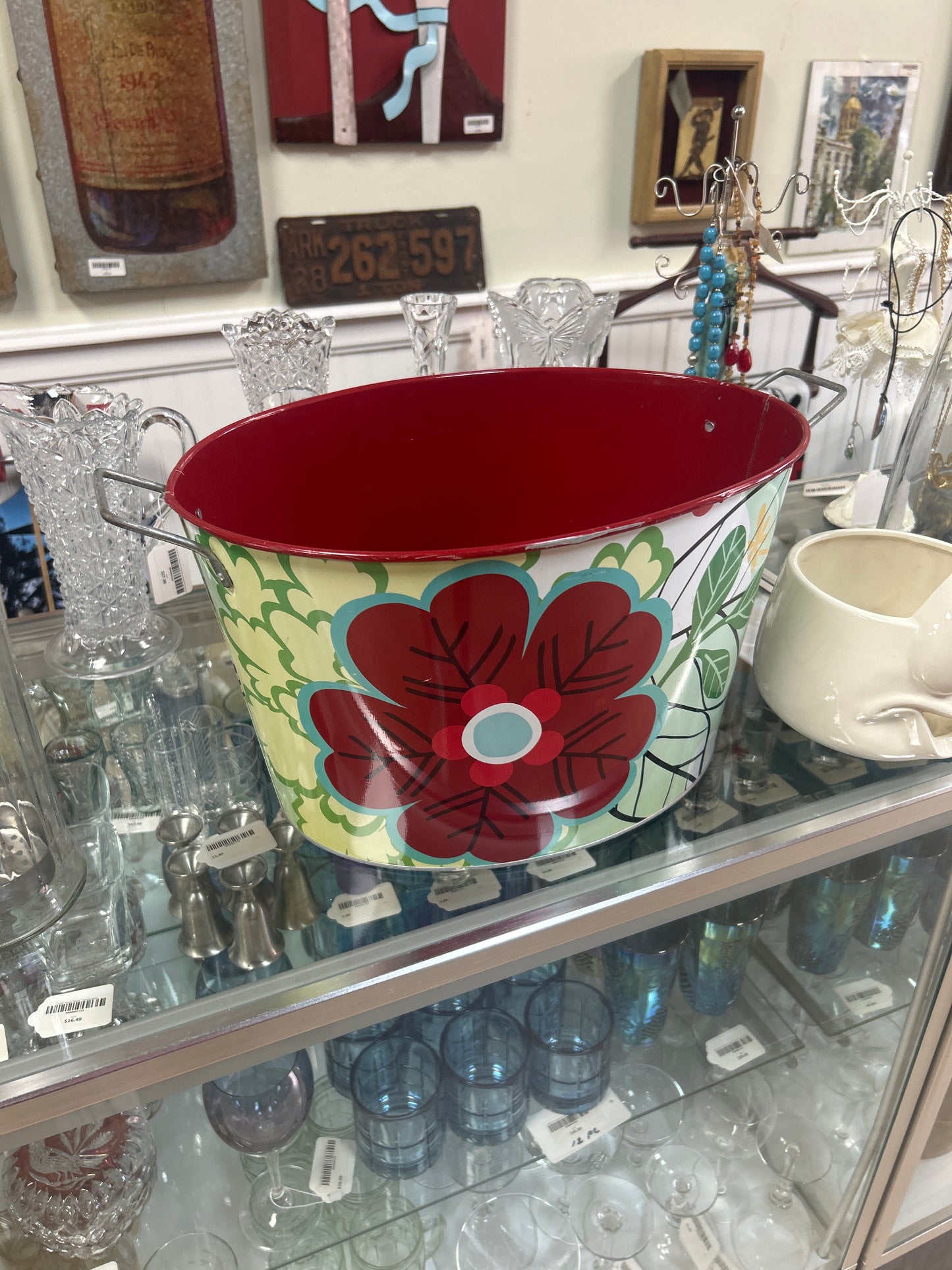 Metal Bucket Red Flower (scratches)