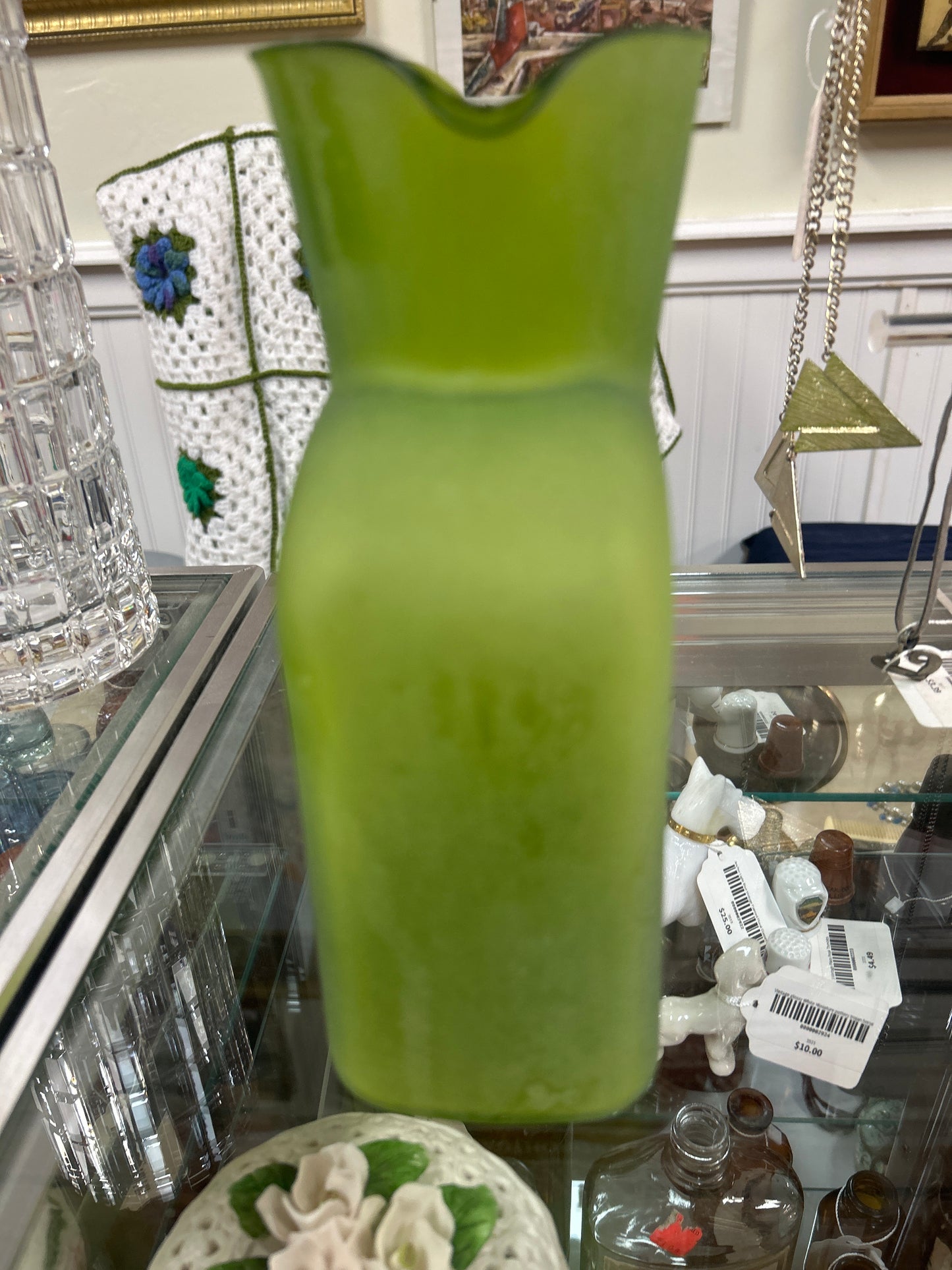 Vintage Blenko Frosted Green Double Spout Carafe 8”