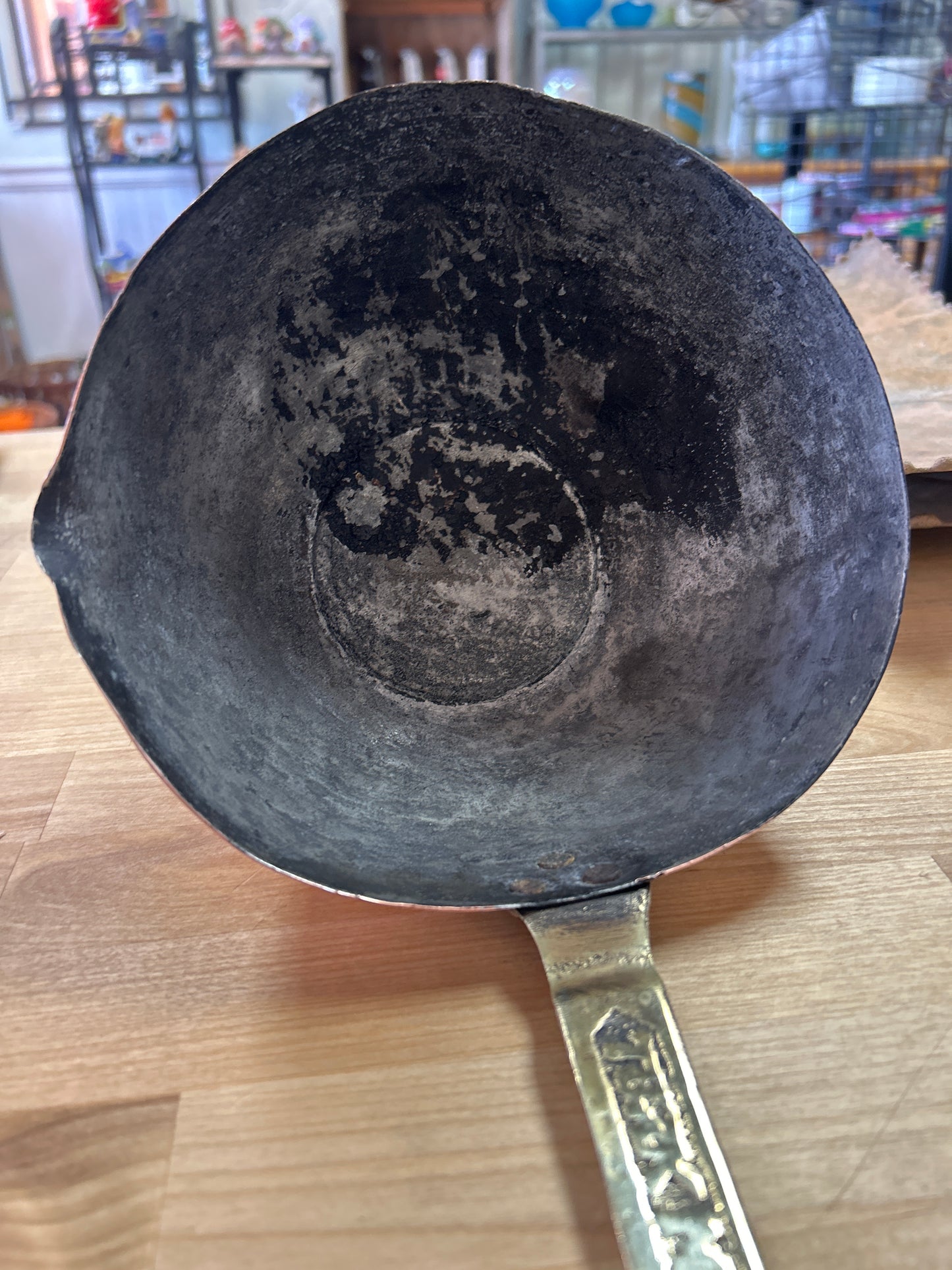 Vintage/Antique? Lrg Hammered Copper Serving Ladle Brass Handle (well used, preowned far from perfect but nice!)