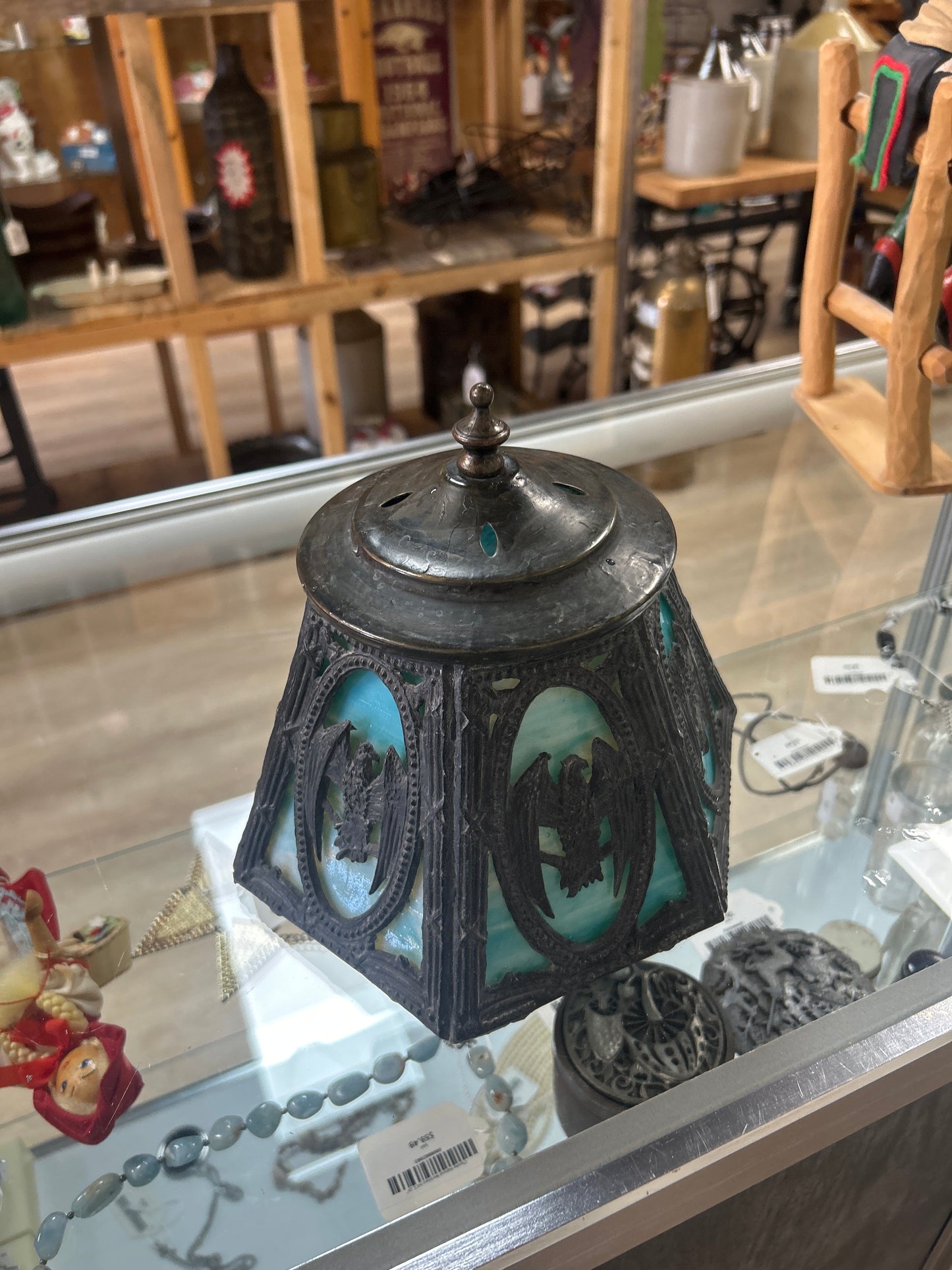 Heavy Metal and Glass Small Lamp shade 7” (crack in on glass plate) Heavy for size