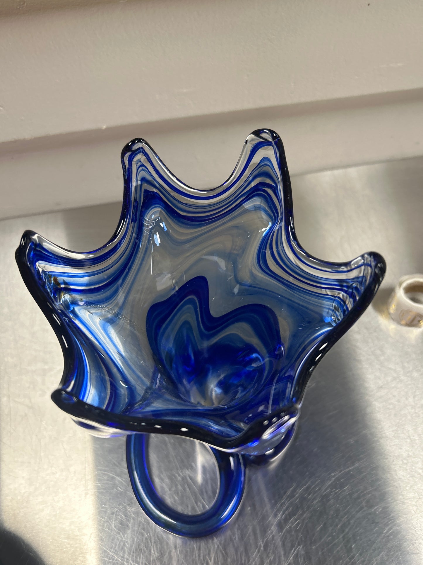 Vintage Cobalt Blue Swirl Hand Blown Sooner Glass Swung Coil Base Glass Vase 11”