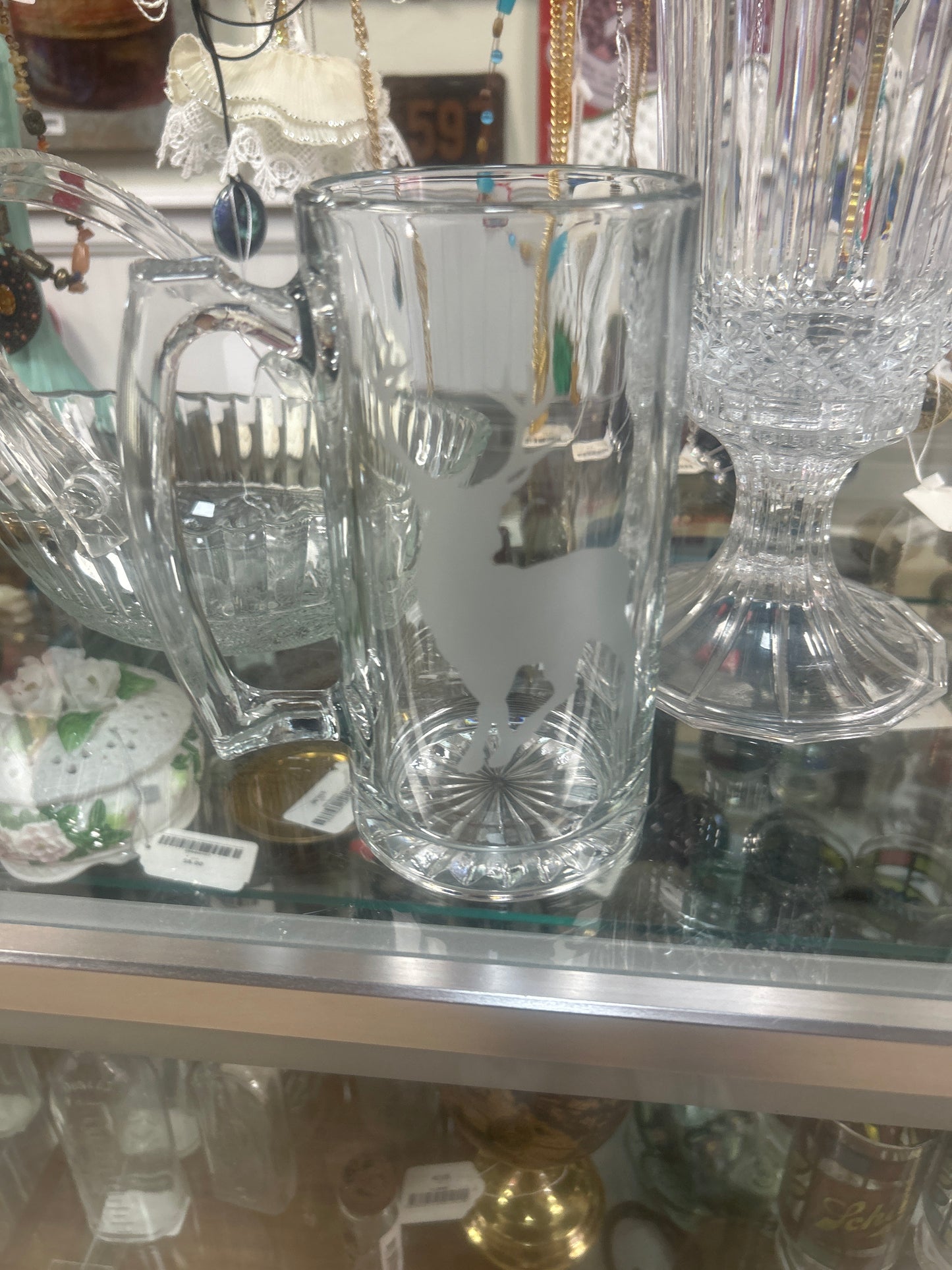 Etched buck,heavy glass beer mug