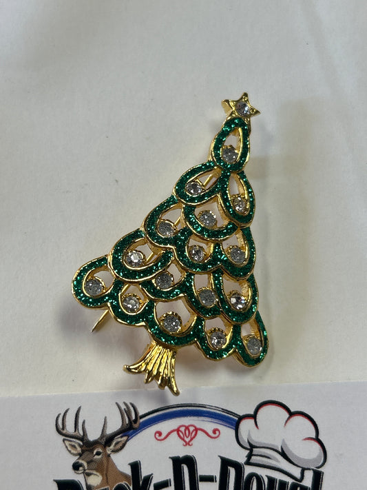Vintage Gold Green Enamel Christmas Tree Brooch With Rhinestones
