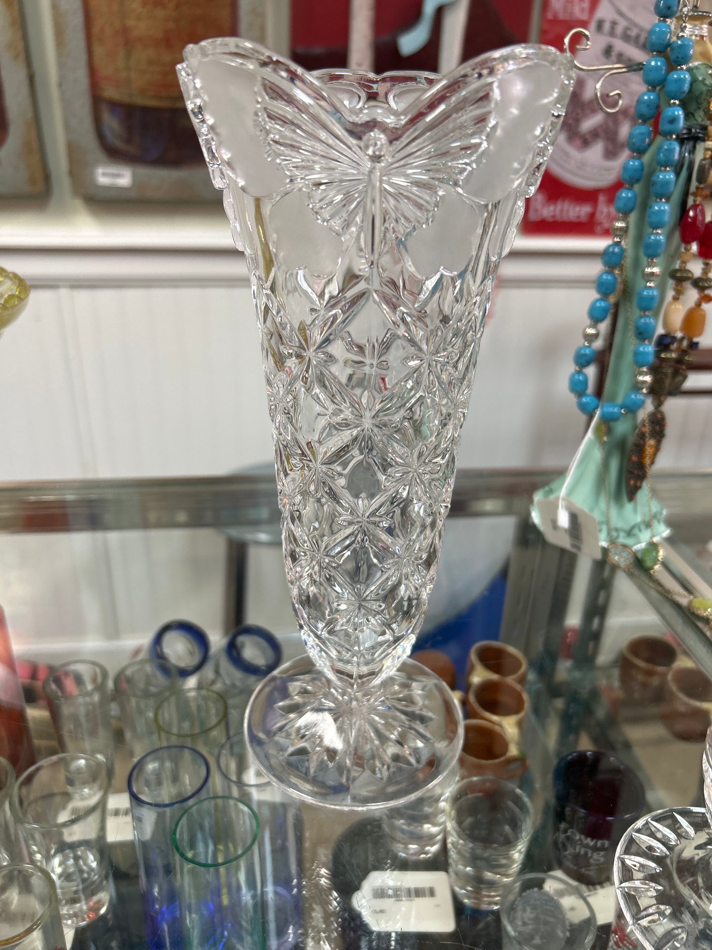 HOFBAUER CRYSTAL BUTTERFLY VASE FROSTED WINGS 10 INCH