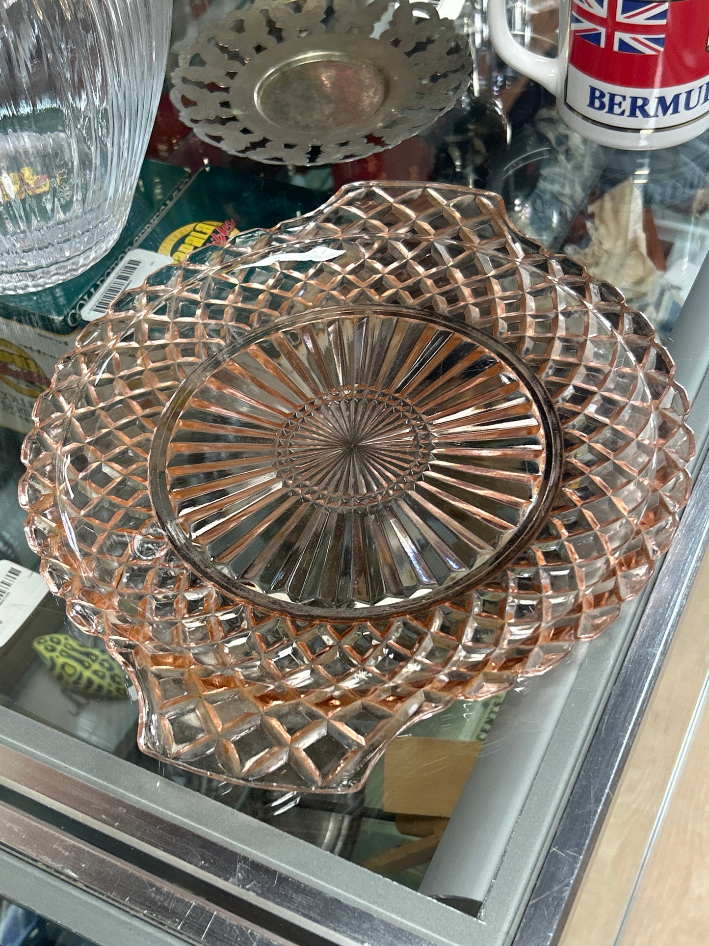 Anchor Hocking Waterford Waffle Pink Depression Glass cake plate