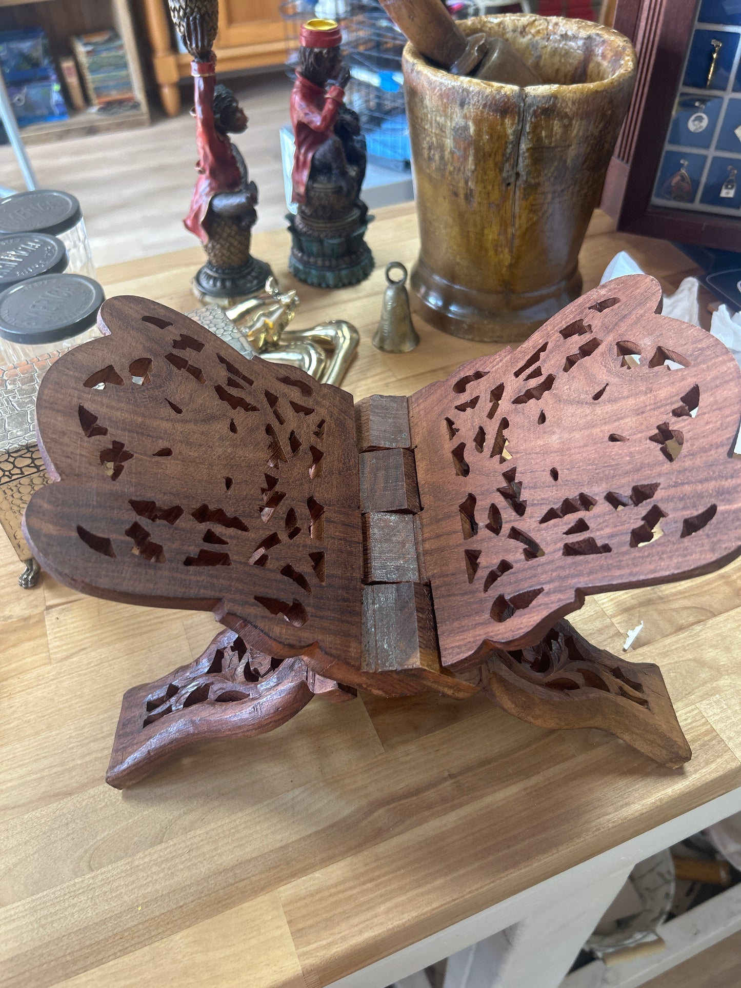 Vtg Hand Carved Wooden Folding Book Wood STAND