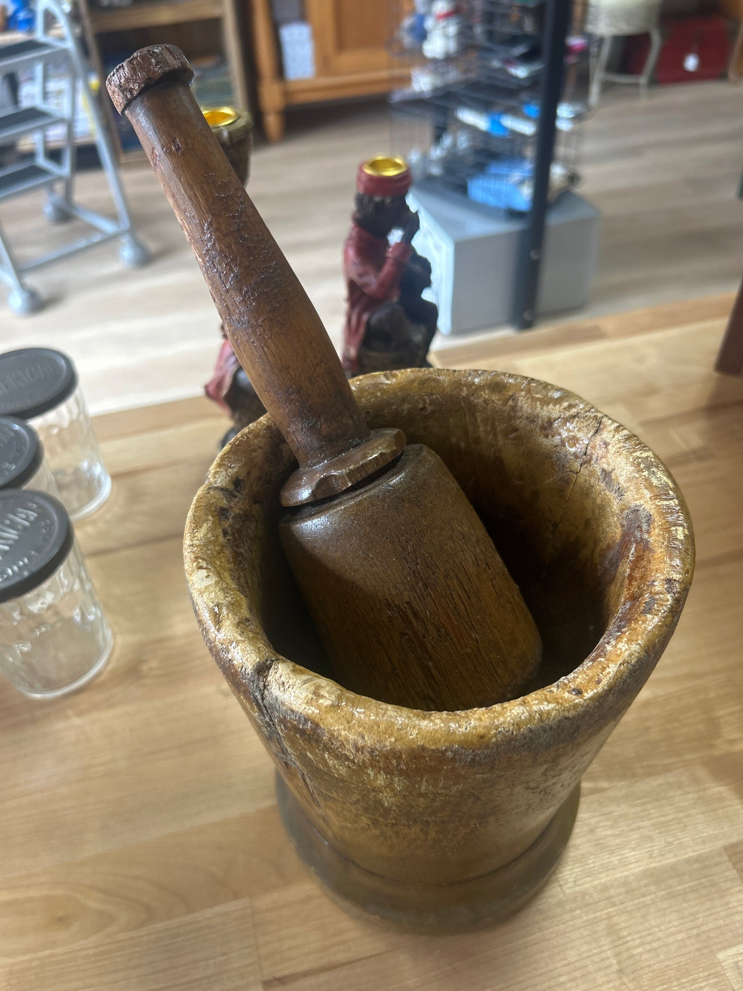 Antique Primitive Wood Mortar and Pestle (has cracks in wood but awesome)