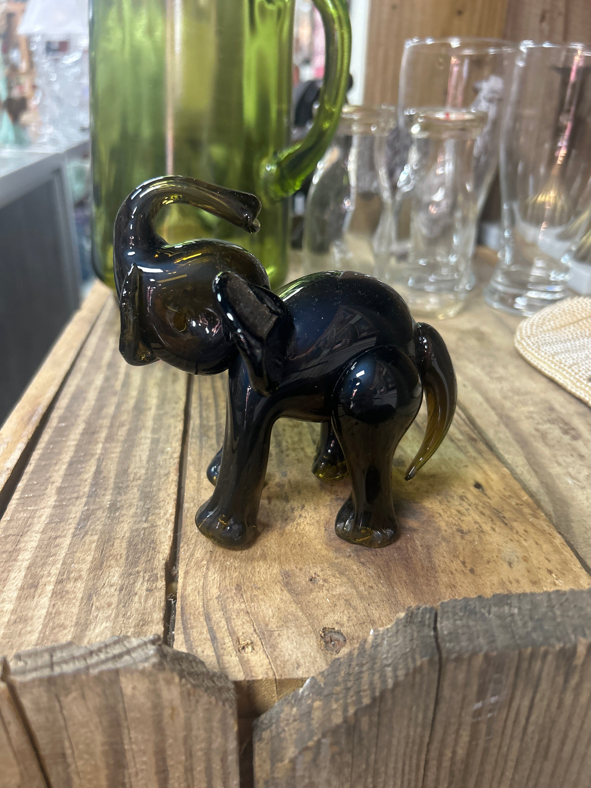 Black glass elephant figurine raised trunk
