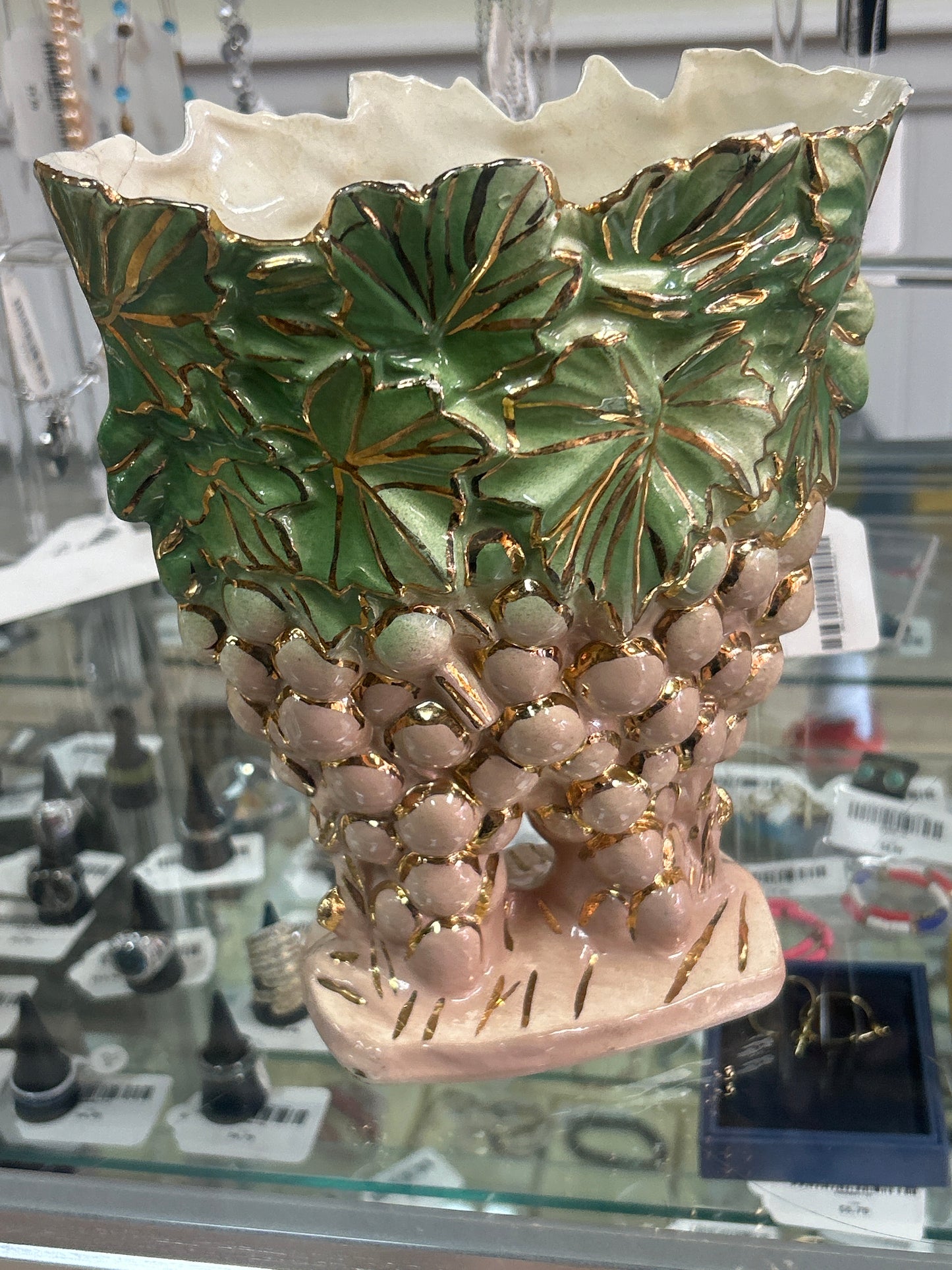 Vintage 1950s McCoy Art Pottery Vase With Grapes, Vines, and Leaves (small repair)