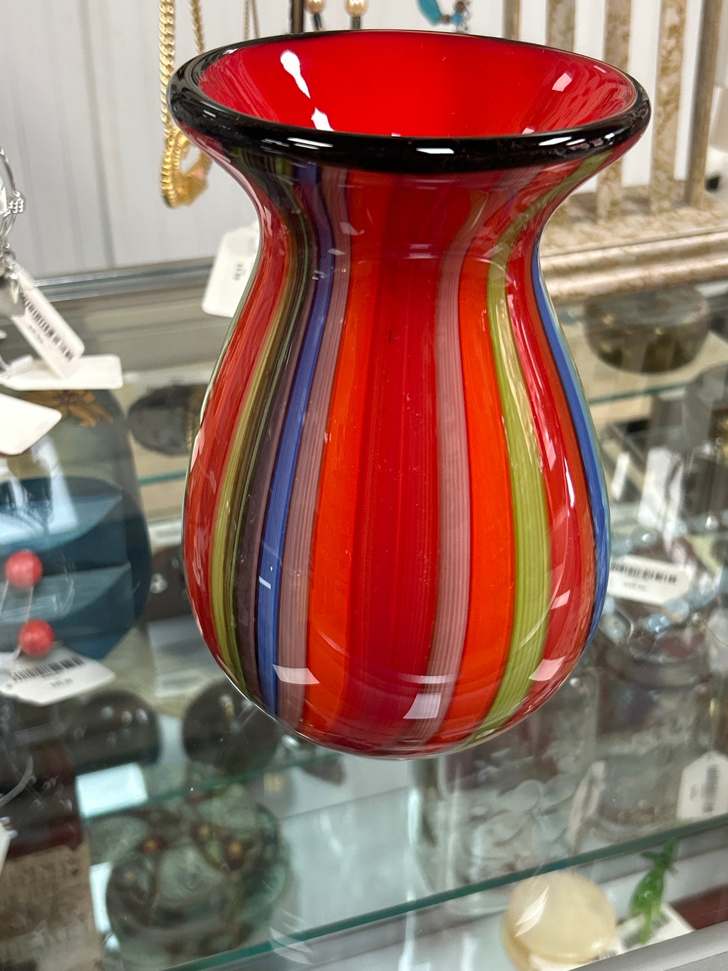 Handmade Murano glass vase featuring a colorful "canna" (vertical striped) design 8” and 3 1/2 lbs (beautiful)
