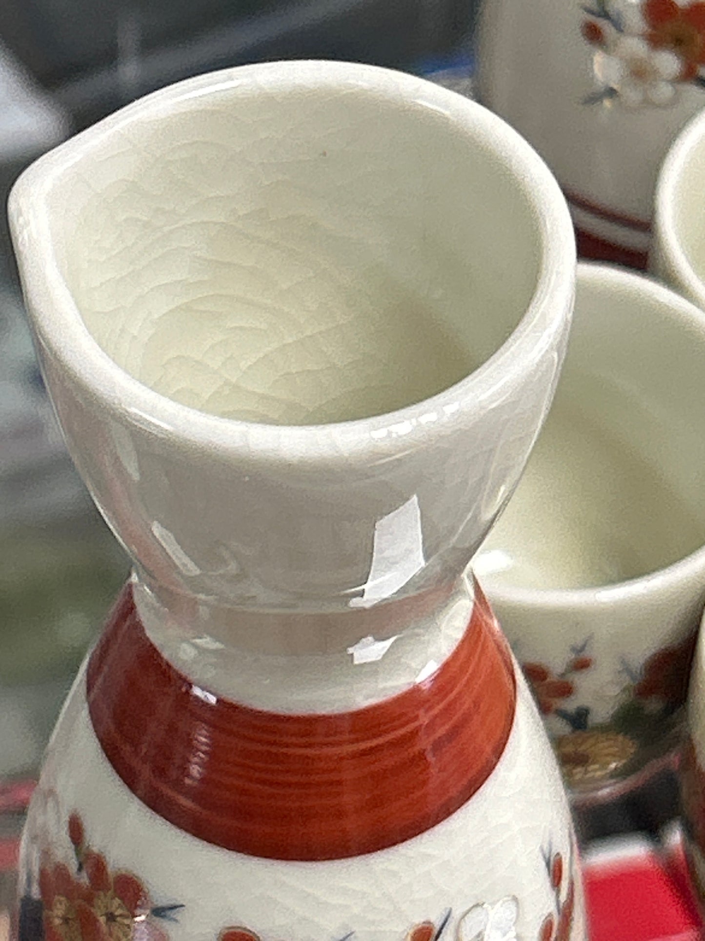 Vintage Japanese Porcelain 2 Sake Bottle Carafes and Four Matching Cups