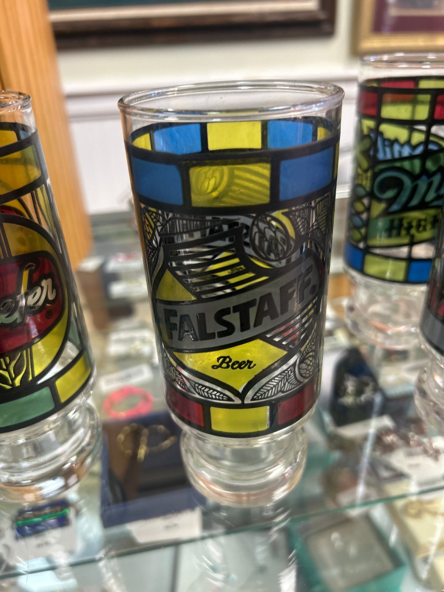 Vintage 1970’s Set of 6 Faux Stained Glass Beer Drinking Glasses Falstaff Schlitz Pabst (Anchor Hocking)