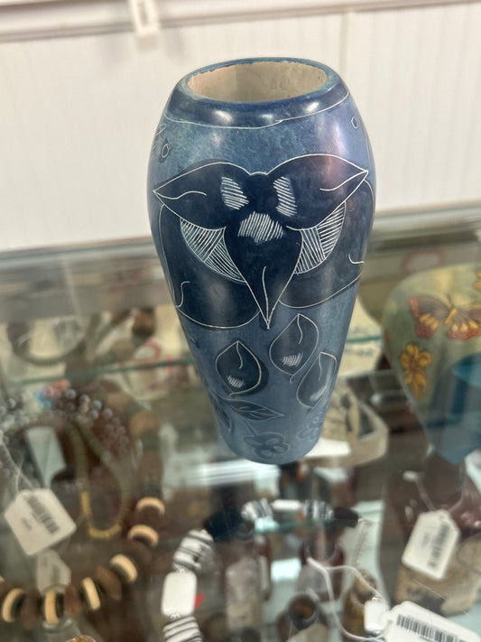 Blue Etched Vase 7” (heavy for its size)