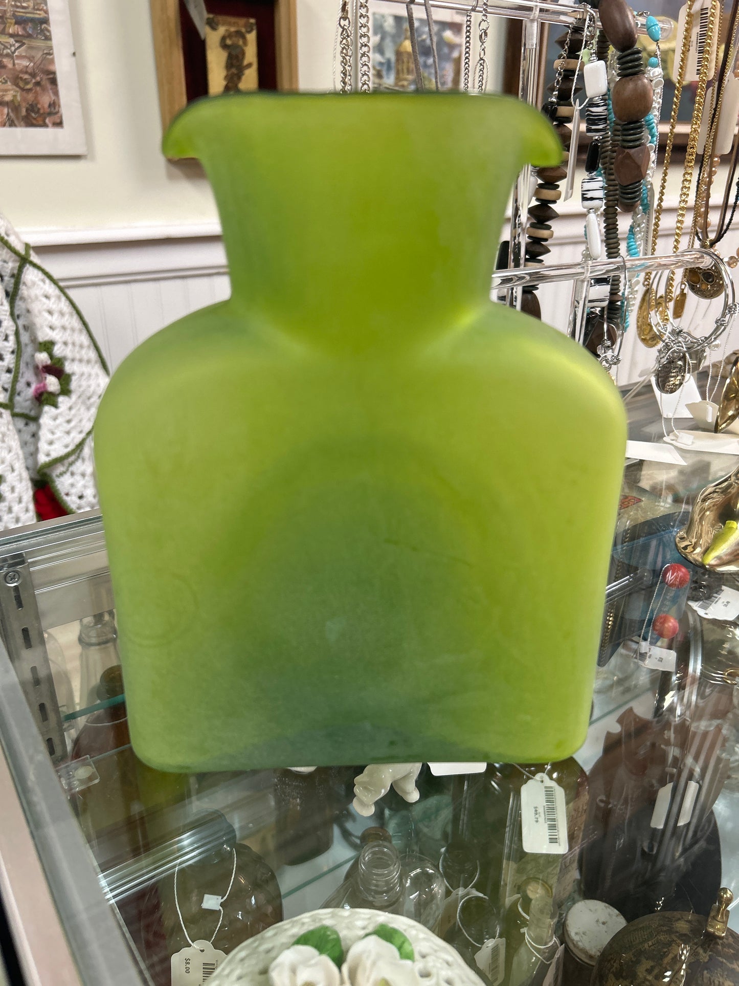 Vintage Blenko Frosted Green Double Spout Carafe 8”