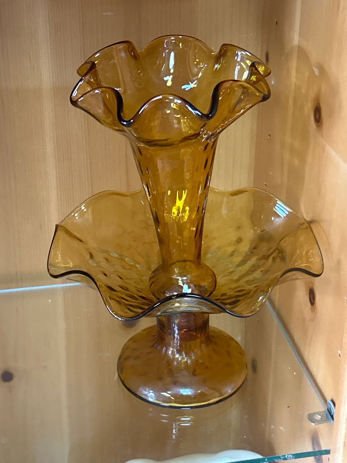 MCM Amber Glass Epergne, Vintage Handblown Glass Centerpiece Decor