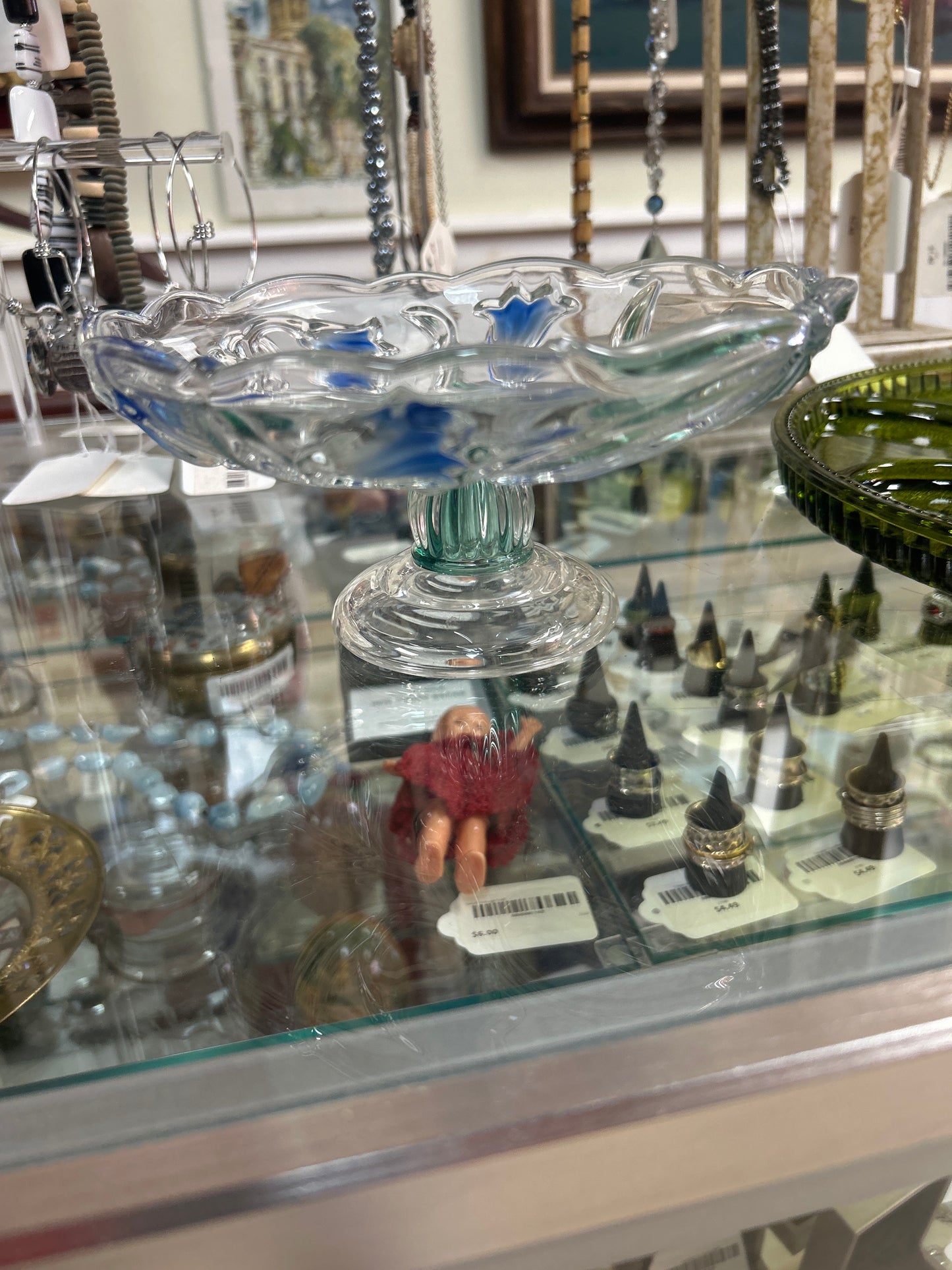 MIKASA BLUEBELLS FLORALCRYSTAL GLASS BOWL FOTTED COMPOTE GREEN BLUE GERMANY