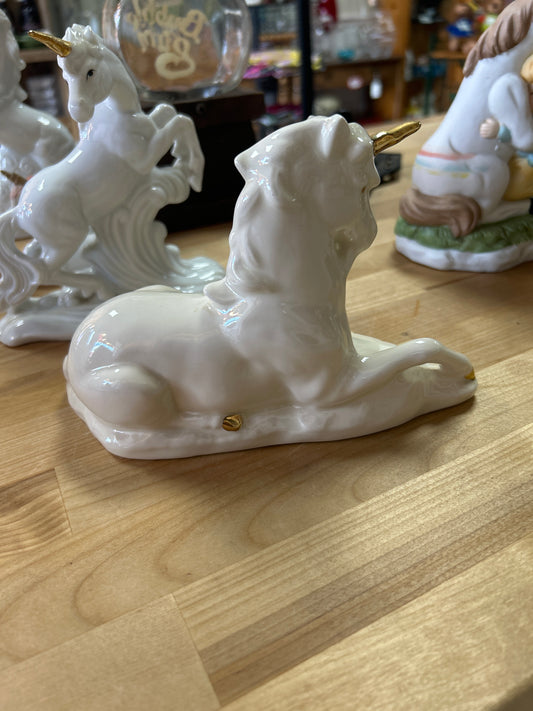 Vintage Porcelain Unicorn Figure Unicorn W/Gold Horn 5” Laying Down “Joni 1983”