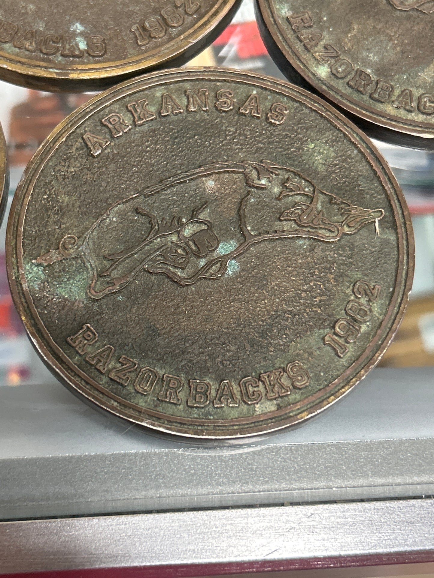 Arkansas Razorbacks Coasters (Oil Originals set of 4 EXTREMELY RARE) 1982 (bronze and solid) uncleaned by us!