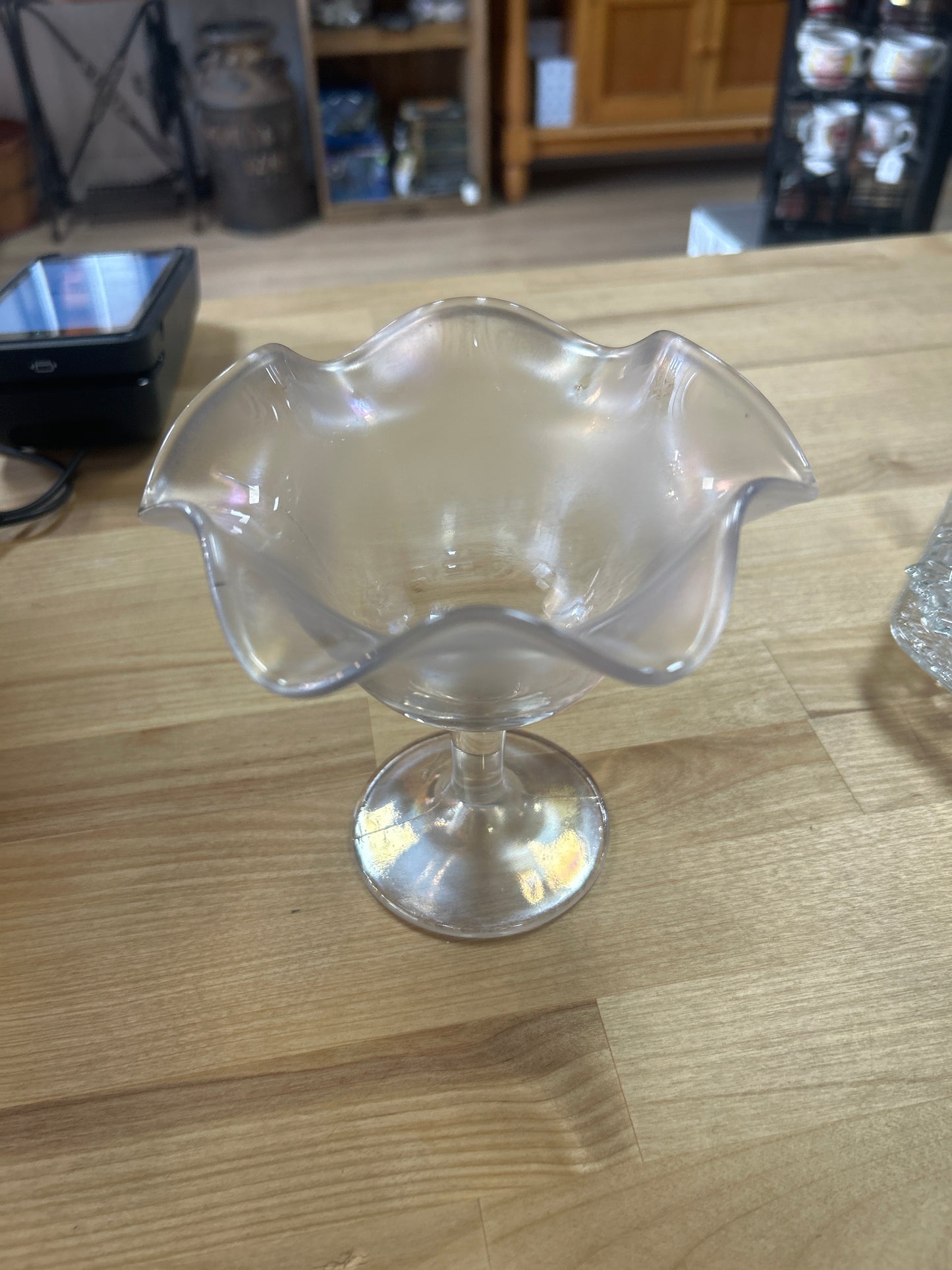 Vintage iridescent ruffled rim pedestal compote or candy dish (unknown maker)