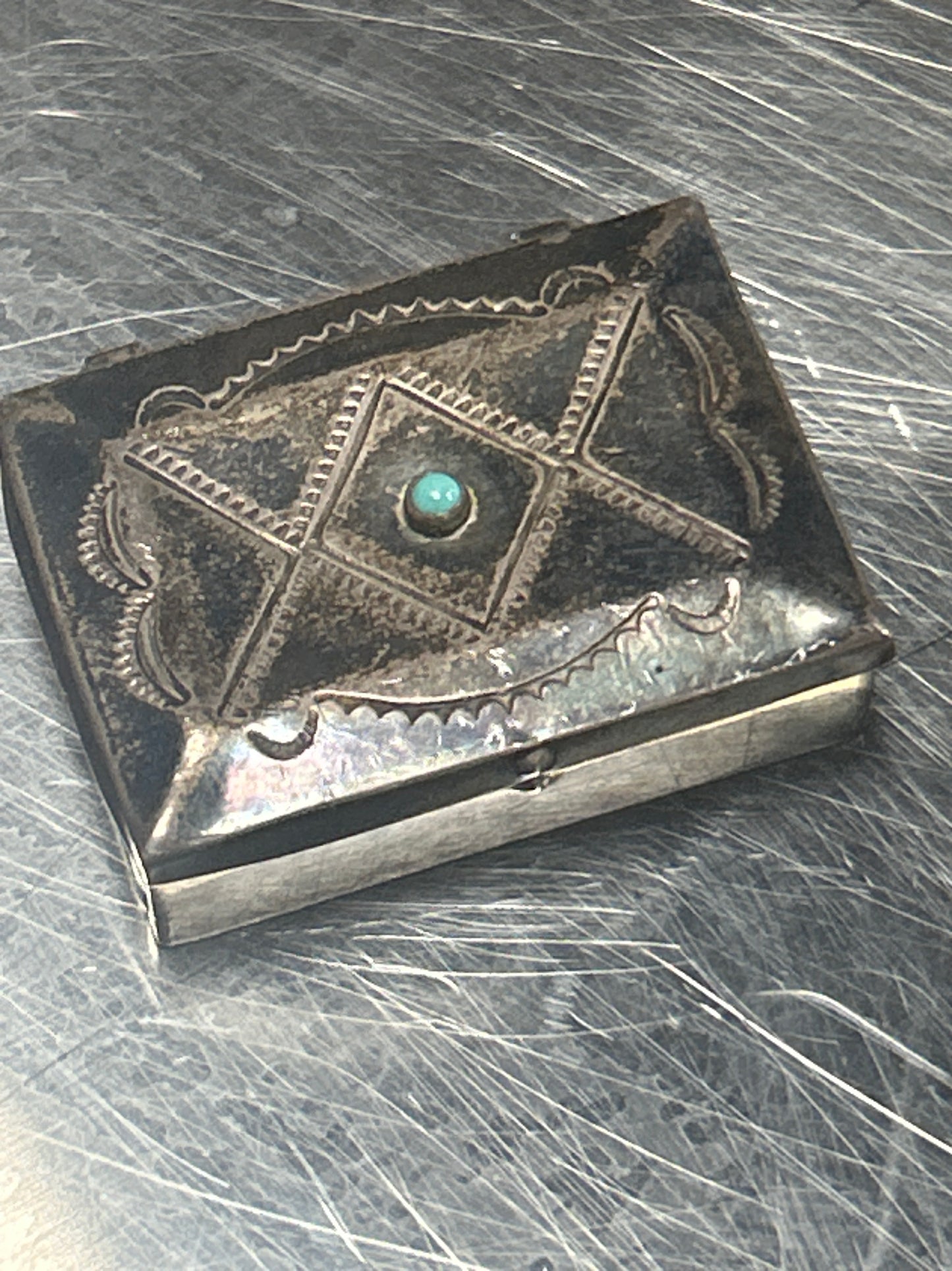 Small Navajo Pill Box Handmade Sterling Silver signed HEX Turquoise Lid Hinged