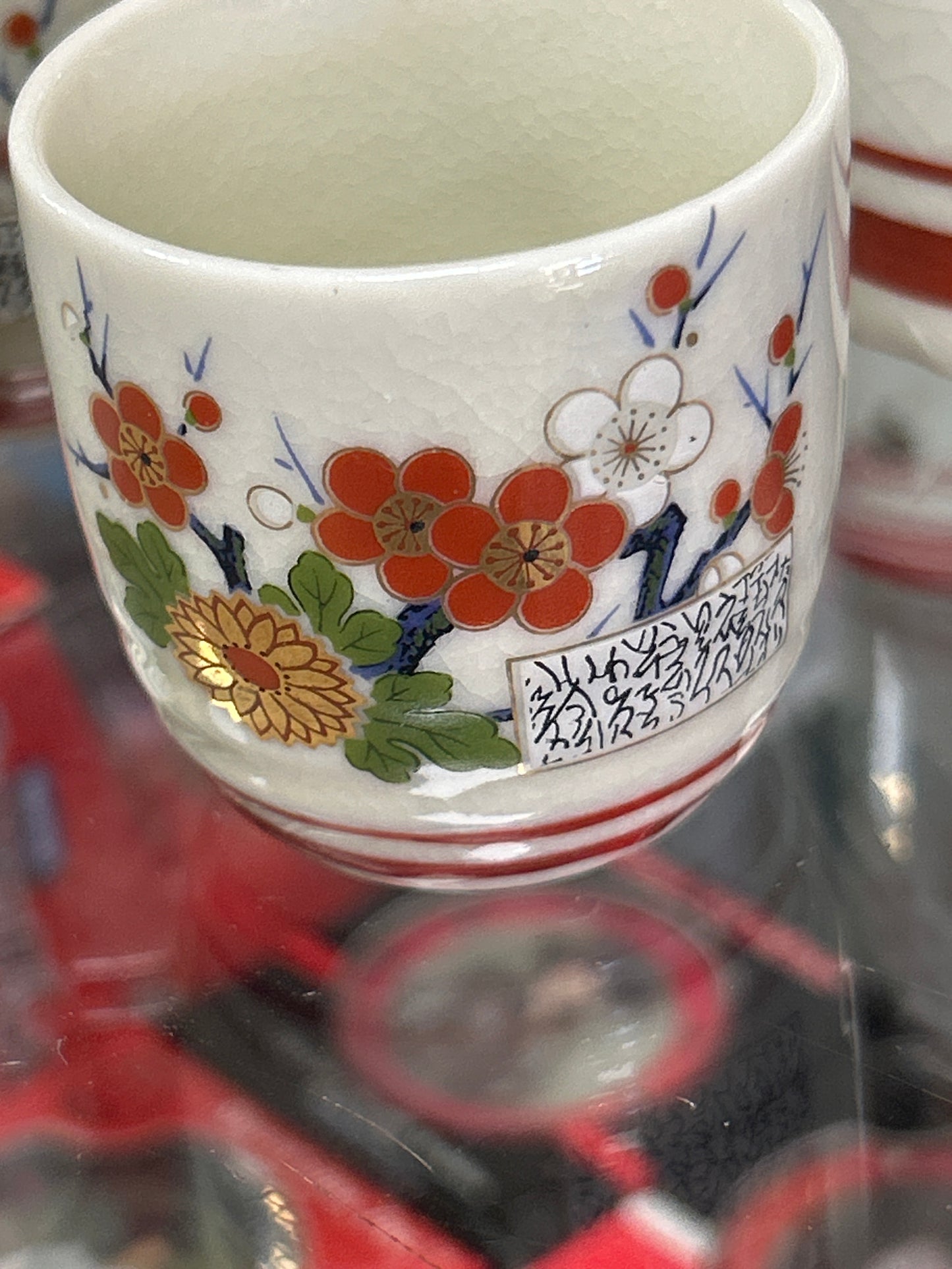 Vintage Japanese Porcelain 2 Sake Bottle Carafes and Four Matching Cups