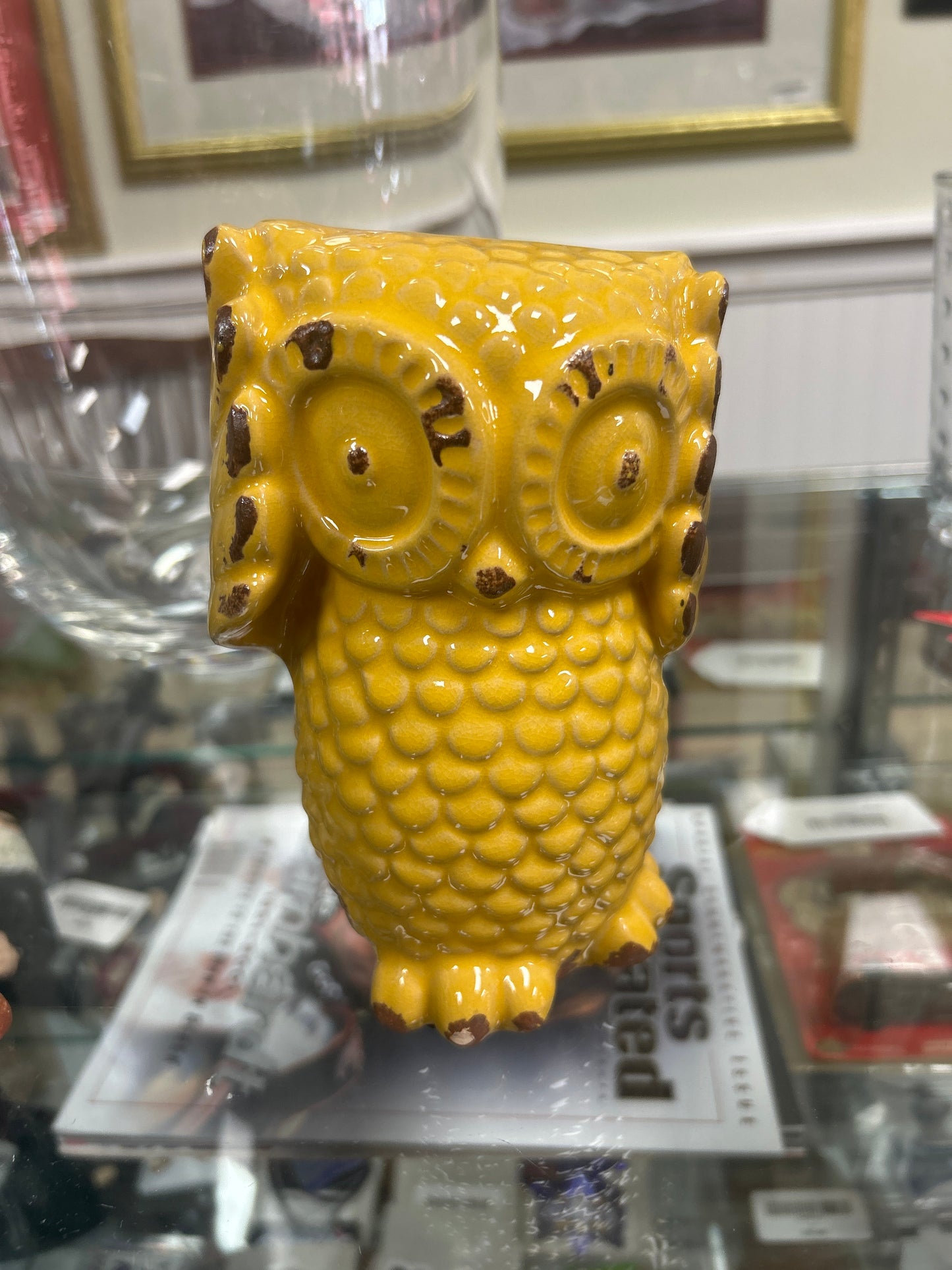 Set of 3 Ceramic Owls Showing Hear See Speak No Evil Yellow Green Blue 6” Tall