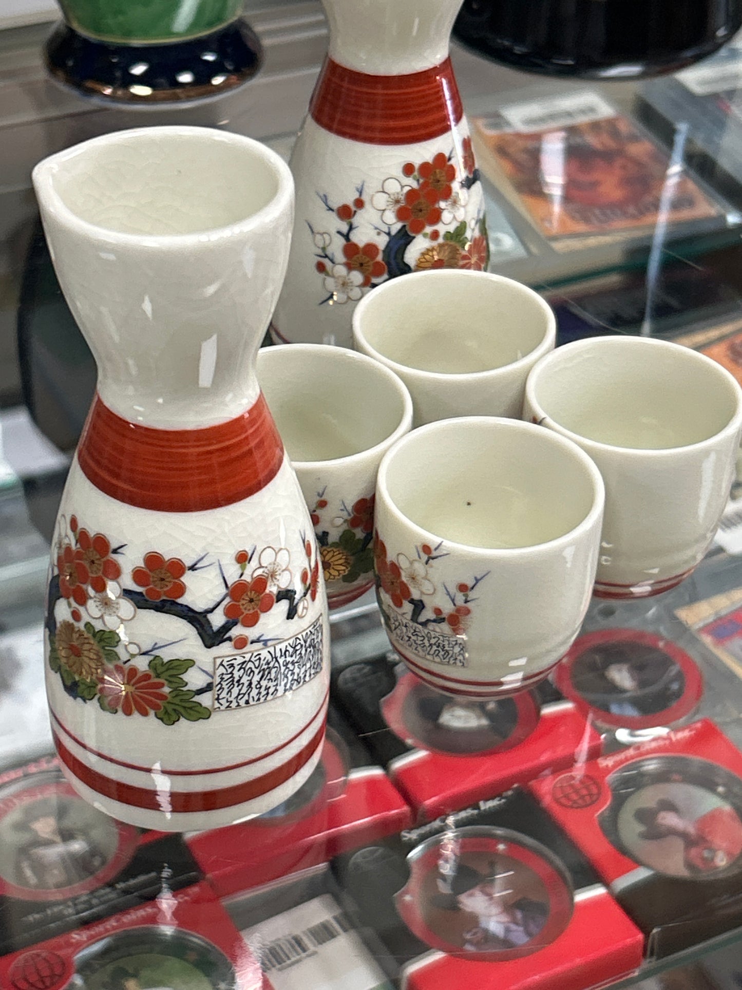 Vintage Japanese Porcelain 2 Sake Bottle Carafes and Four Matching Cups