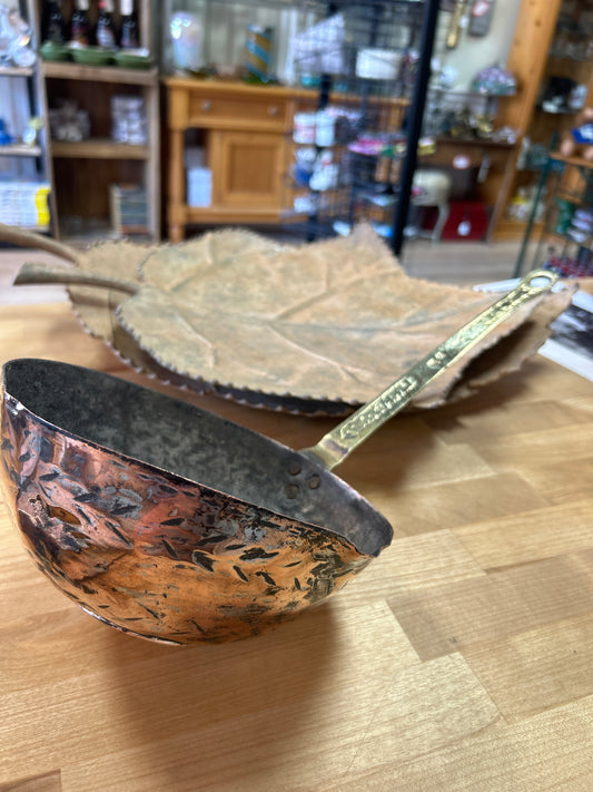 Vintage/Antique? Lrg Hammered Copper Serving Ladle Brass Handle (well used, preowned far from perfect but nice!)