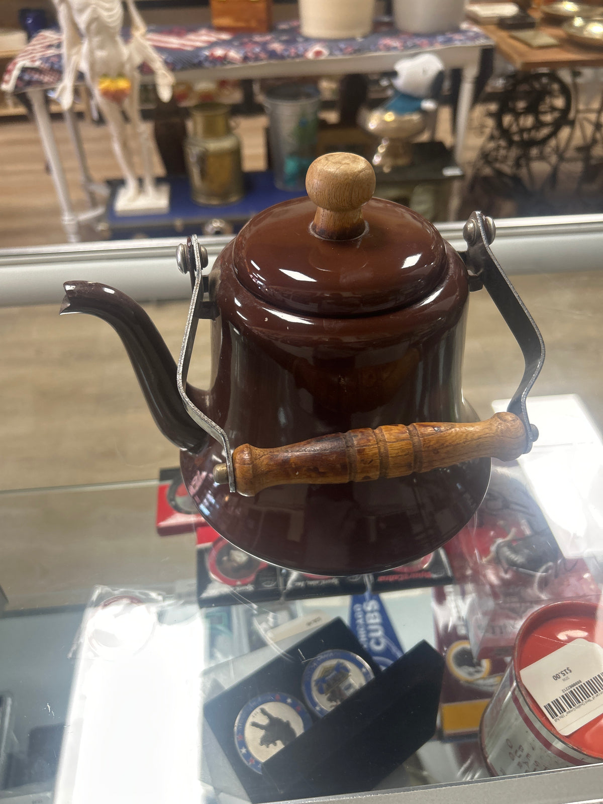 Vtg French Enamel Bell Tea Kettle Pot Teapot Brown Wood Handle Metal Enamelware