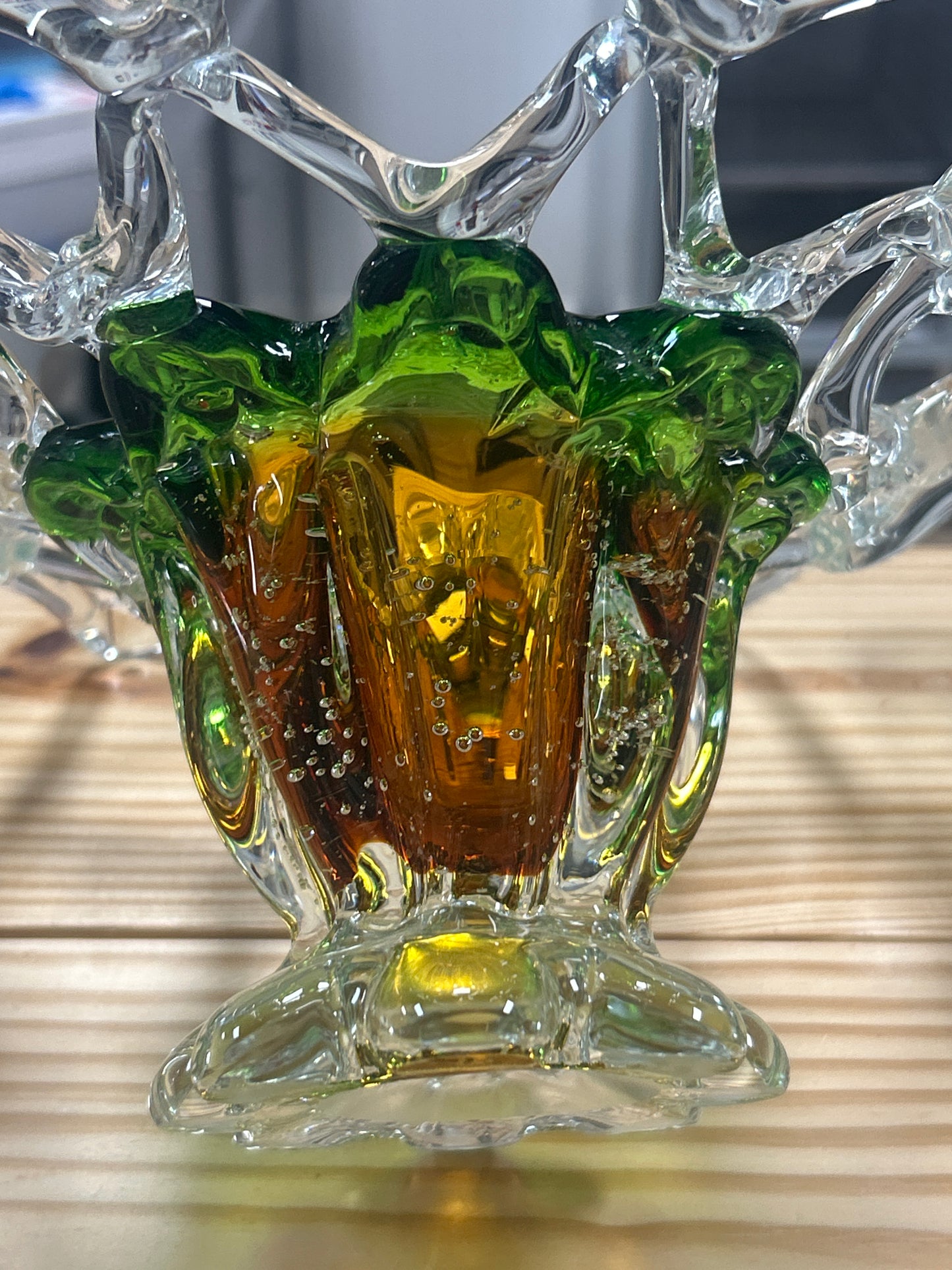 Vintage Hand Blown Vase Green and Orange 14” BEAUTIFUL!