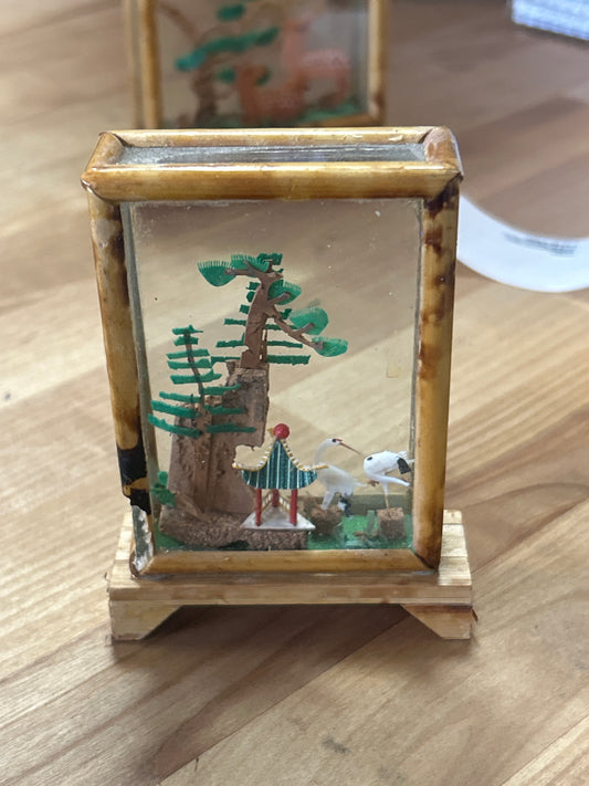 Vintage Mini Asian DioramasGlass Enclosed Birds (damaged frame)