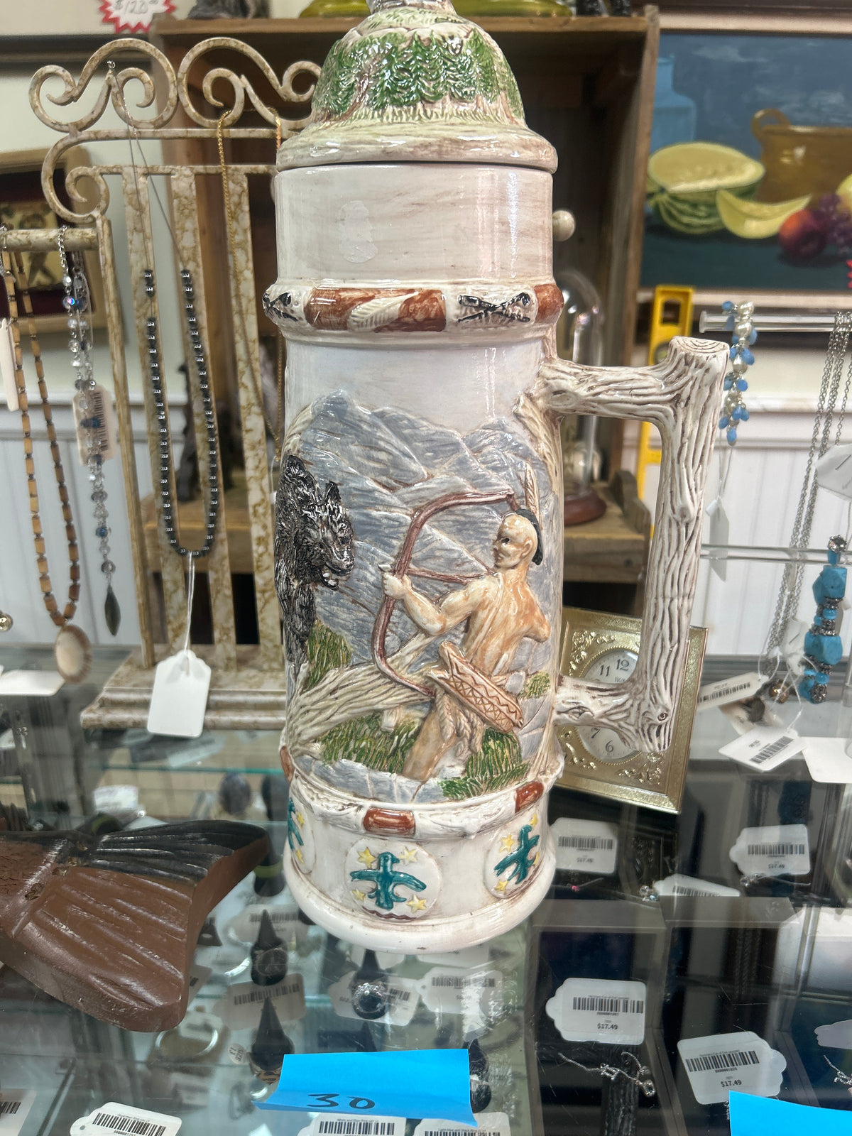Duncan Enterprises ceramic beer stein featuring a Native American hunting scene with a buffalo
