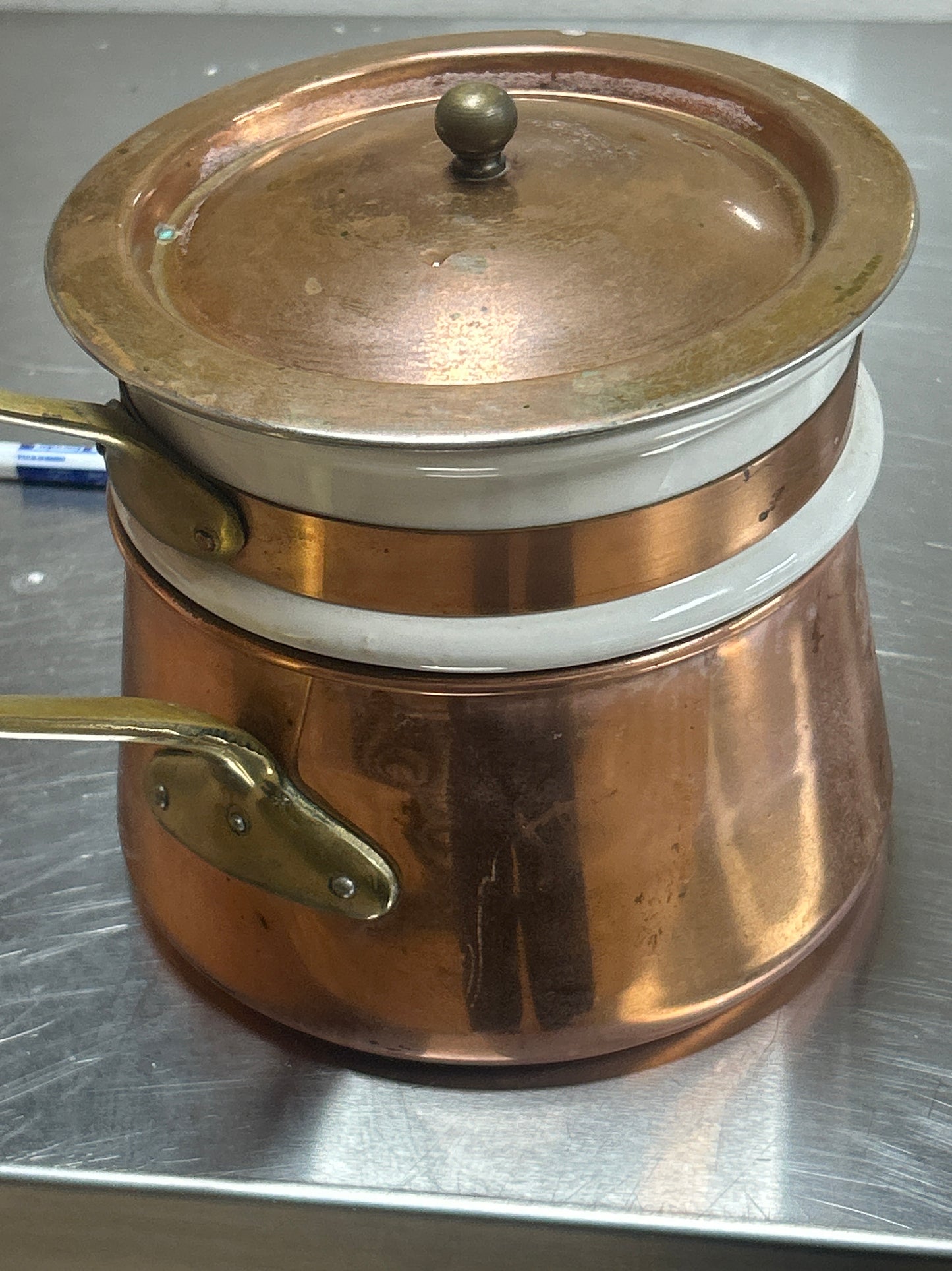 Vintage Porcelain Lined Double Boiler – Brass Handles