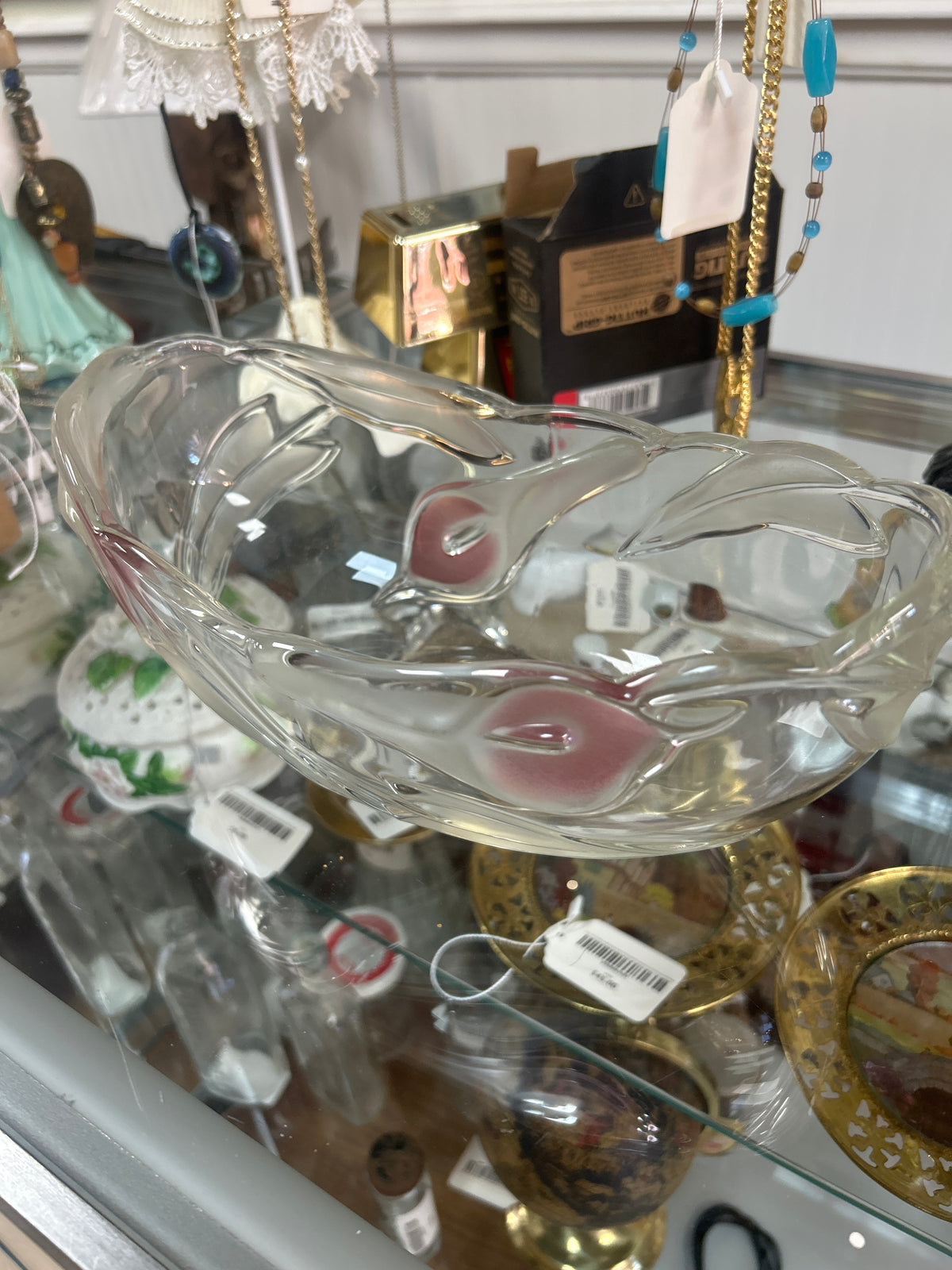Vintage Mikasa Tivoli Walther Clear Glass Oval Bowl Pink Calla Lilies
