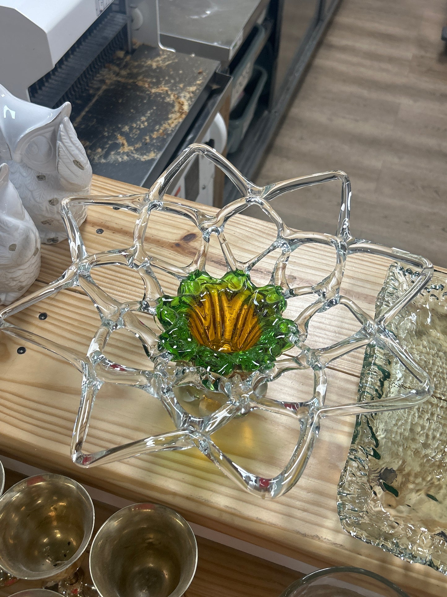 Vintage Hand Blown Vase Green and Orange 14” BEAUTIFUL!