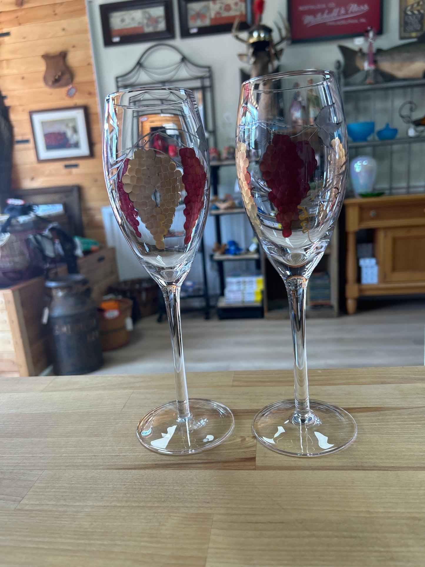 Pair of CURTEA STICLARULUI Romania Stained Art Wine Glass Cut Grape, 10” Tall