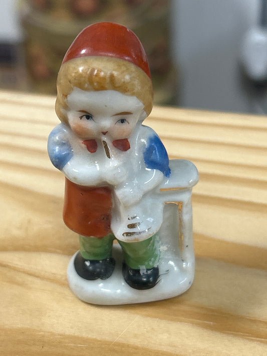 Vintage Occupied Japan Boy Playing Horn Flute Gold Leaf Hand Painted