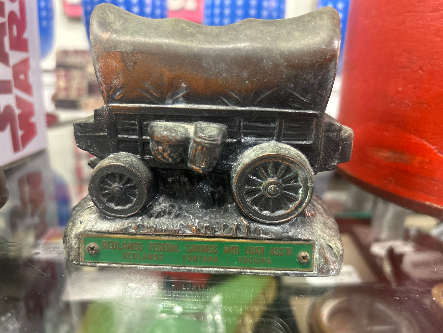 vintage Banthrico covered wagon or stagecoach cast metal coin bank (NO KEY)