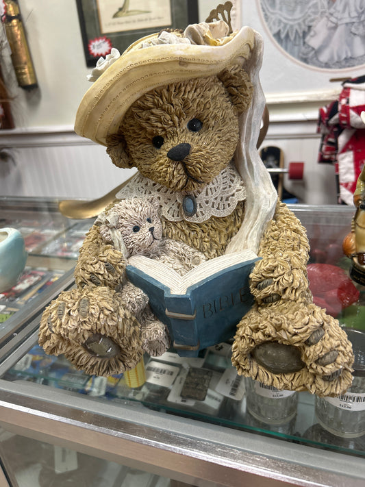Young's Resin Teddy Bear 10" figure mother reading a Bible to a baby statue