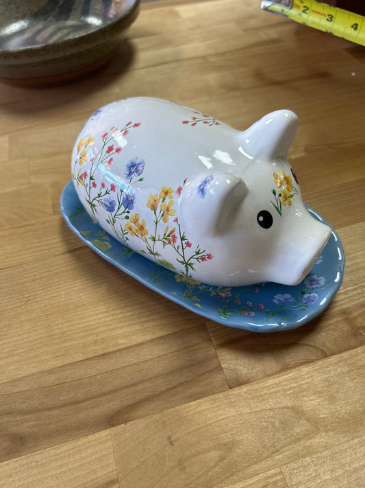 Modern Cottage Floral Pig Butter Dish Blue Base Farmhouse (small chip on nose)