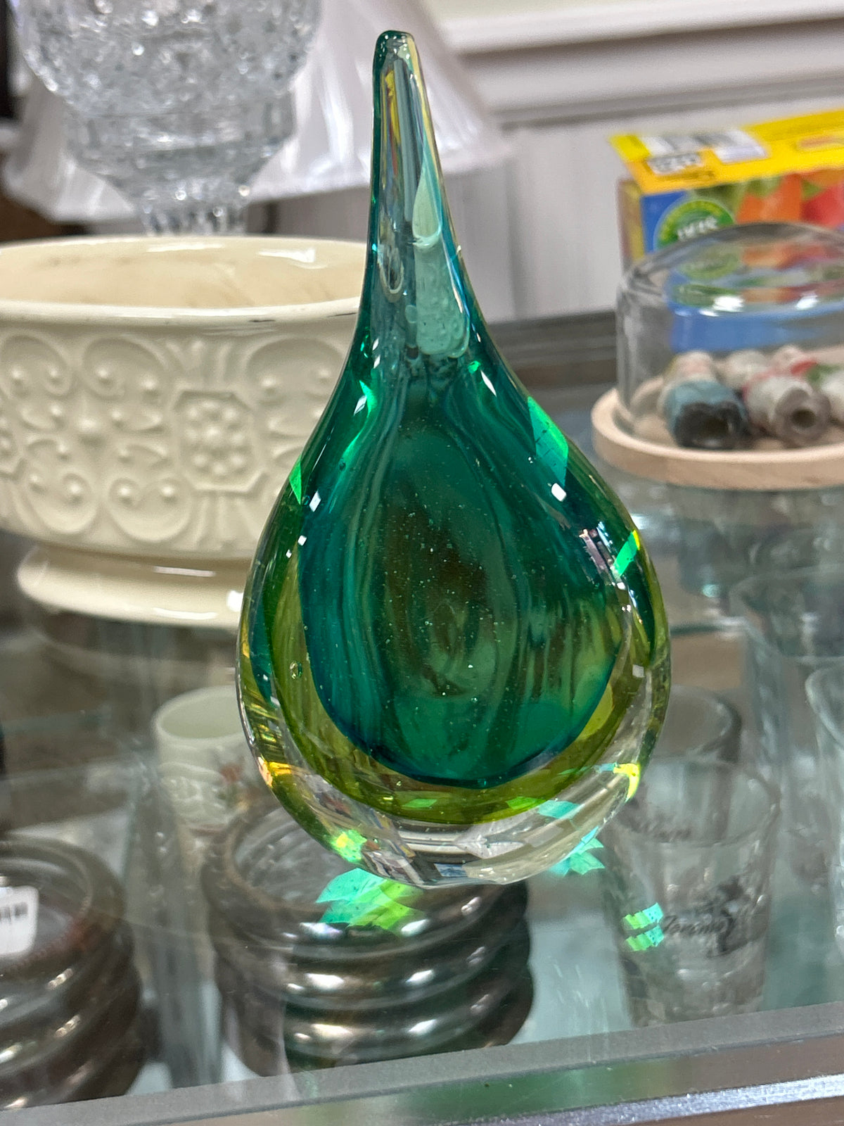 Vtg Studio Art Glass Paperweight Teardrop Green