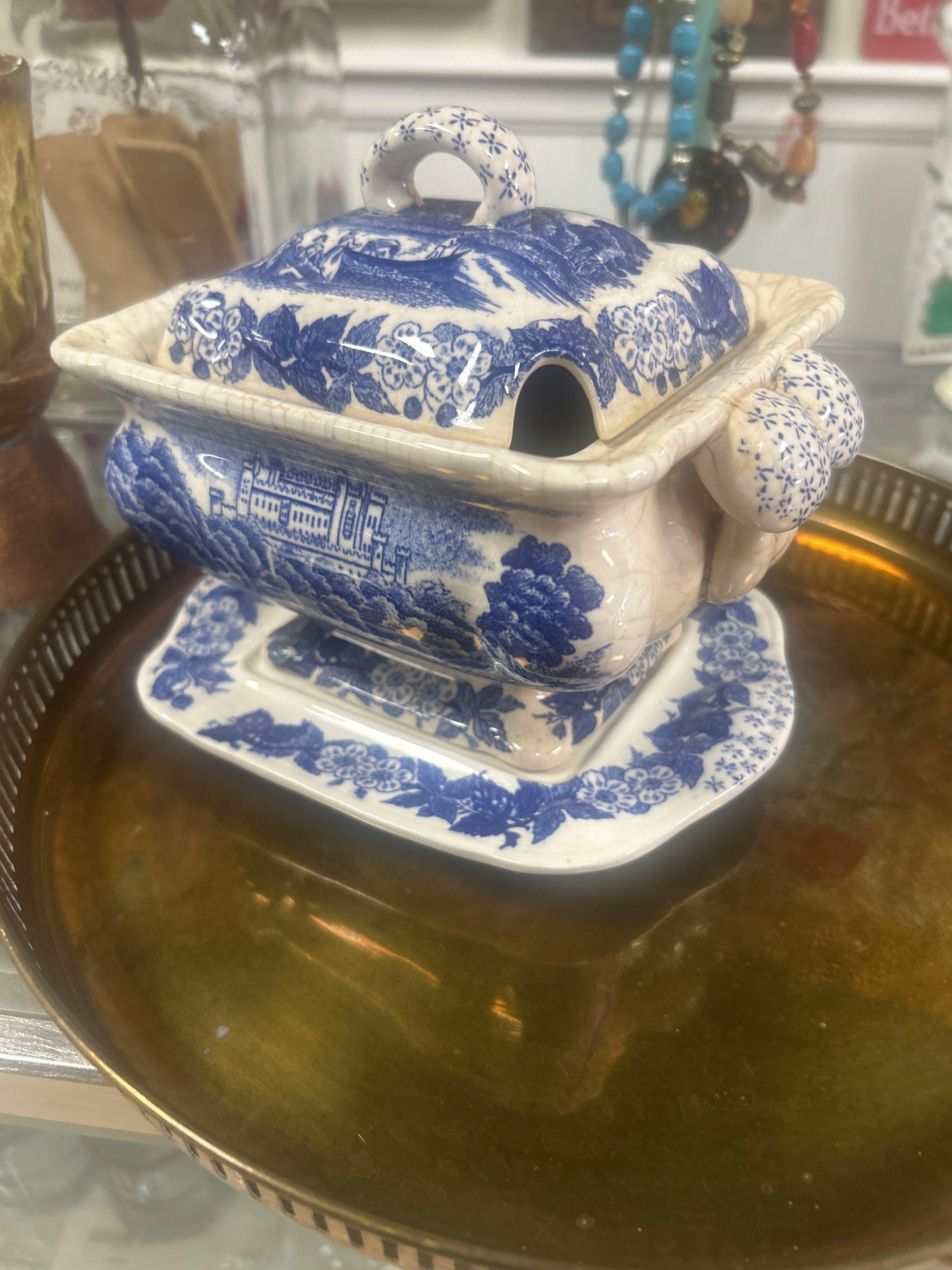 STATFORDSHIRE TUREEN MUSHROOMS BLUE & WHITE w UNDERPLATE c.1880