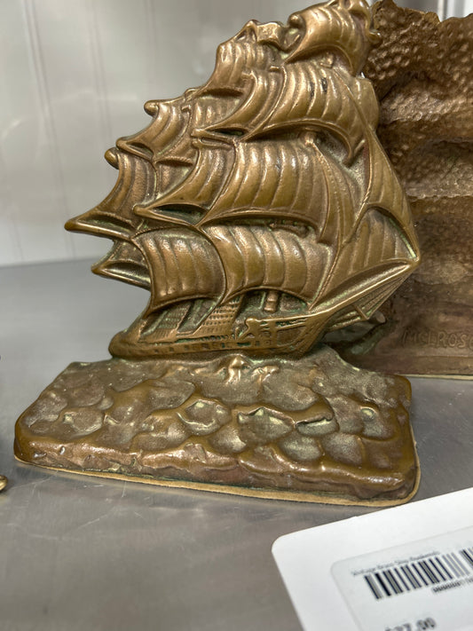 Vintage Brass Ship Bookends (Melrose Abbey) 6”