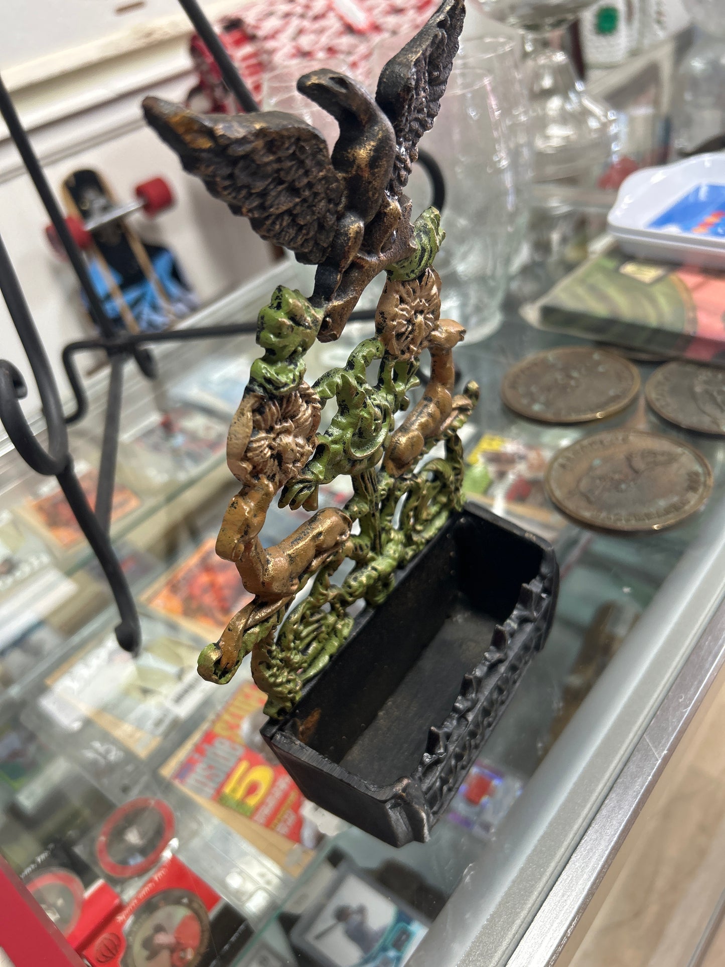 Vintage Ornate Cast Iron Letter/ Match Holder With Eagle On top Deer Flower/Vine