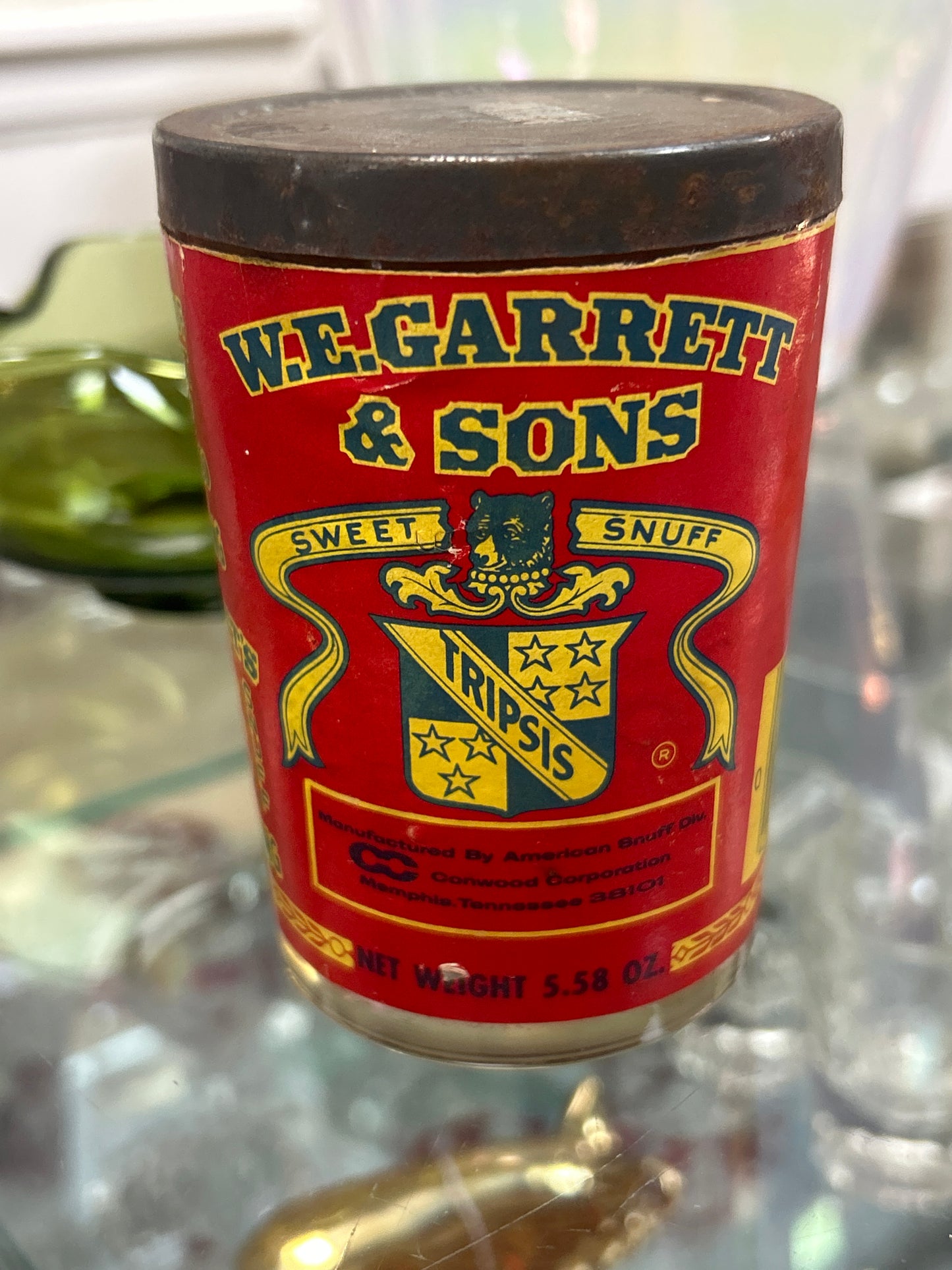 VINTAGE W.E. GARRETT & SONS SWEET MILD SNUFF JAR PAPER LABEL 5.58oz