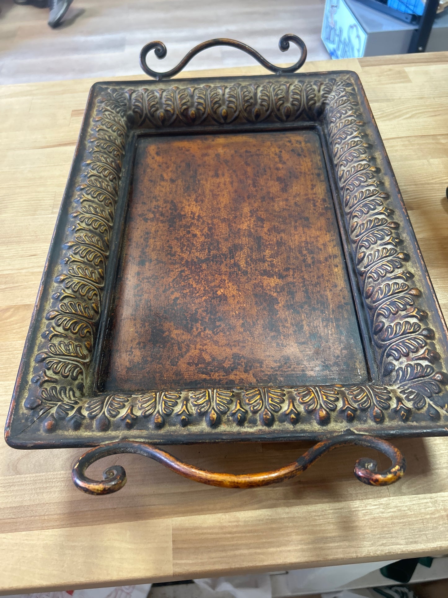 Vtg Rectangle Metal Distressed Acanthus Leaf Trinket Tray Coffee Table Decor 20”