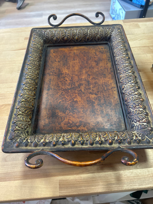 Vtg Rectangle Metal Distressed Acanthus Leaf Trinket Tray Coffee Table Decor 20”